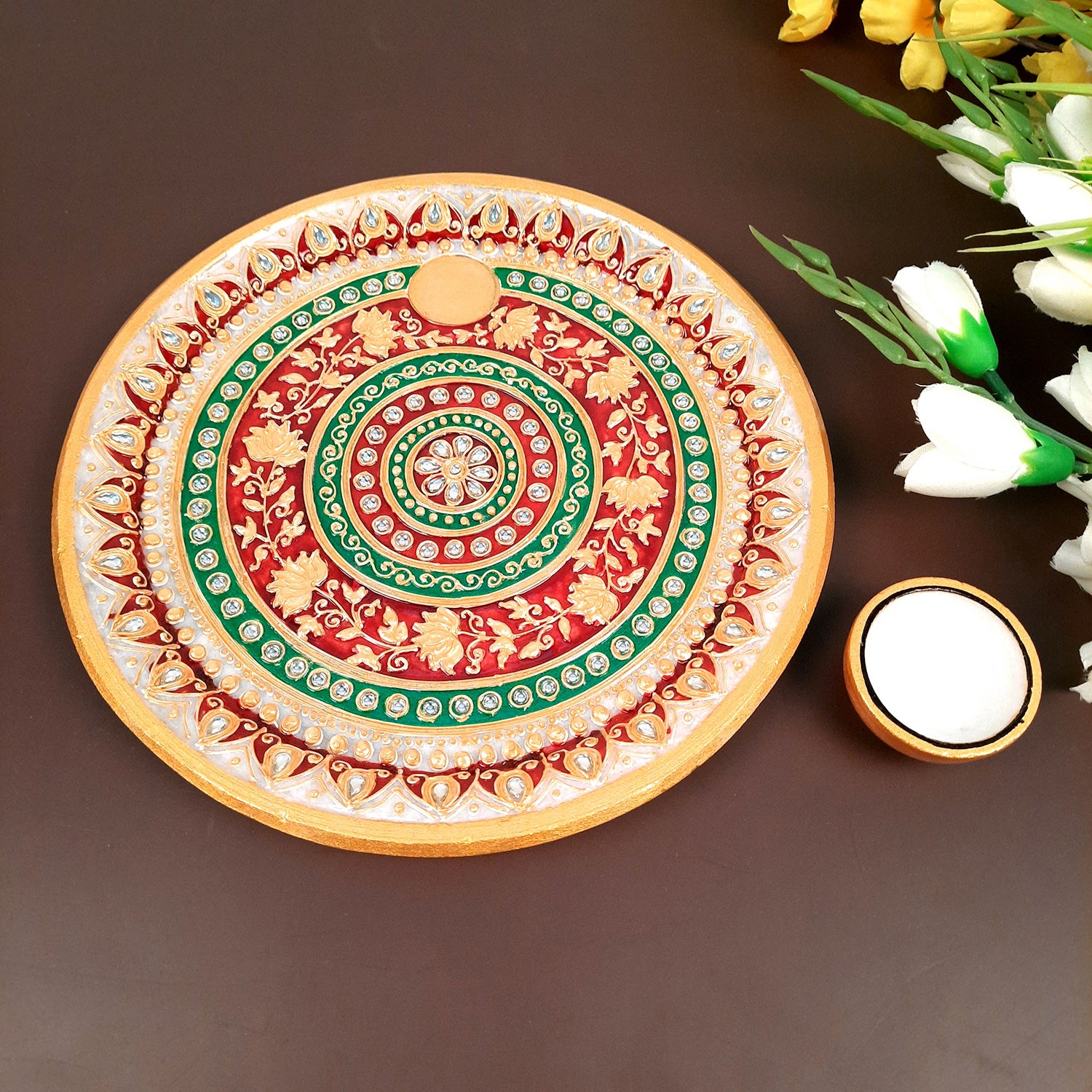 Marble Pooja Plate with Bowl, Kalash/Lota & Diya | Aarti Thali With Intricate Handwork - For Pooja, Weddings & Festivals - apkamart #Style_Design 2