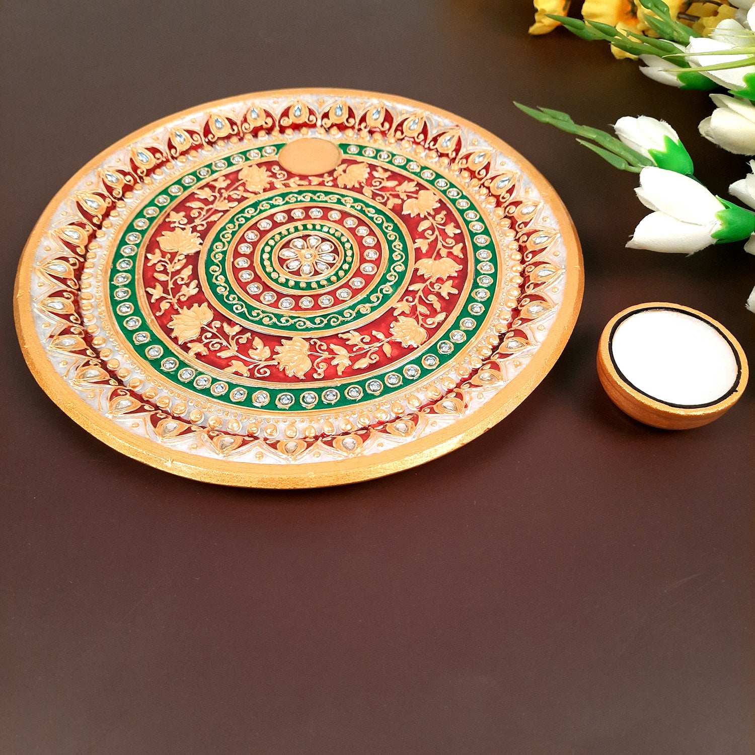 Marble Pooja Plate with Bowl, Kalash/Lota & Diya | Aarti Thali With Intricate Handwork - For Pooja, Weddings & Festivals - apkamart #Style_Design 2