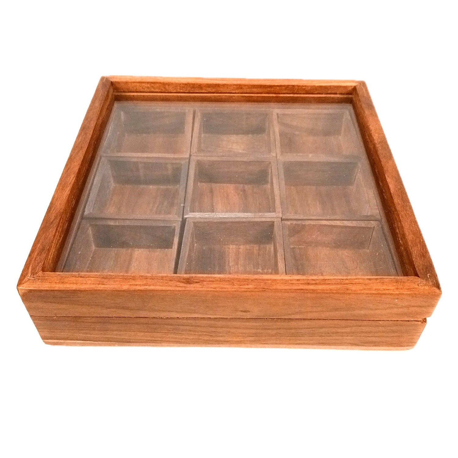 Spice Box - Masala Box with Glass Lid Sheesham Wood  - for Kitchen & Table Top - 8 Inch - Apkamart