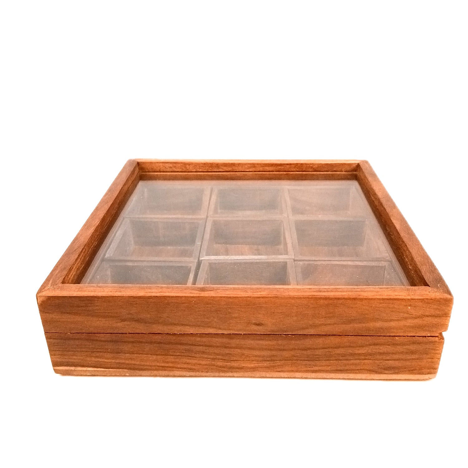 Spice Box - Masala Box with Glass Lid Sheesham Wood  - for Kitchen & Table Top - 8 Inch - Apkamart
