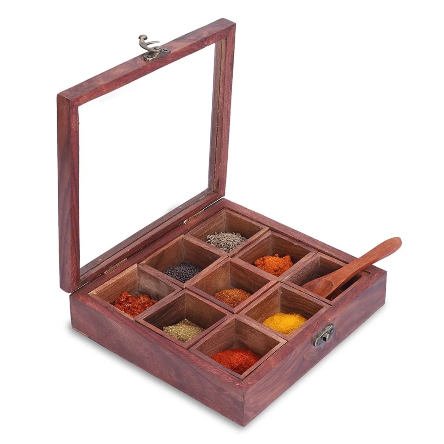 Spice Box - Masala Box with Glass Lid Sheesham Wood  - for Kitchen & Table Top - 8 Inch - Apkamart