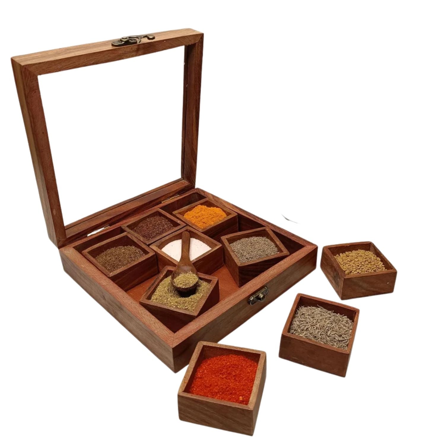 Spice Box - Masala Box with Glass Lid Sheesham Wood  - for Kitchen & Table Top - 8 Inch - Apkamart