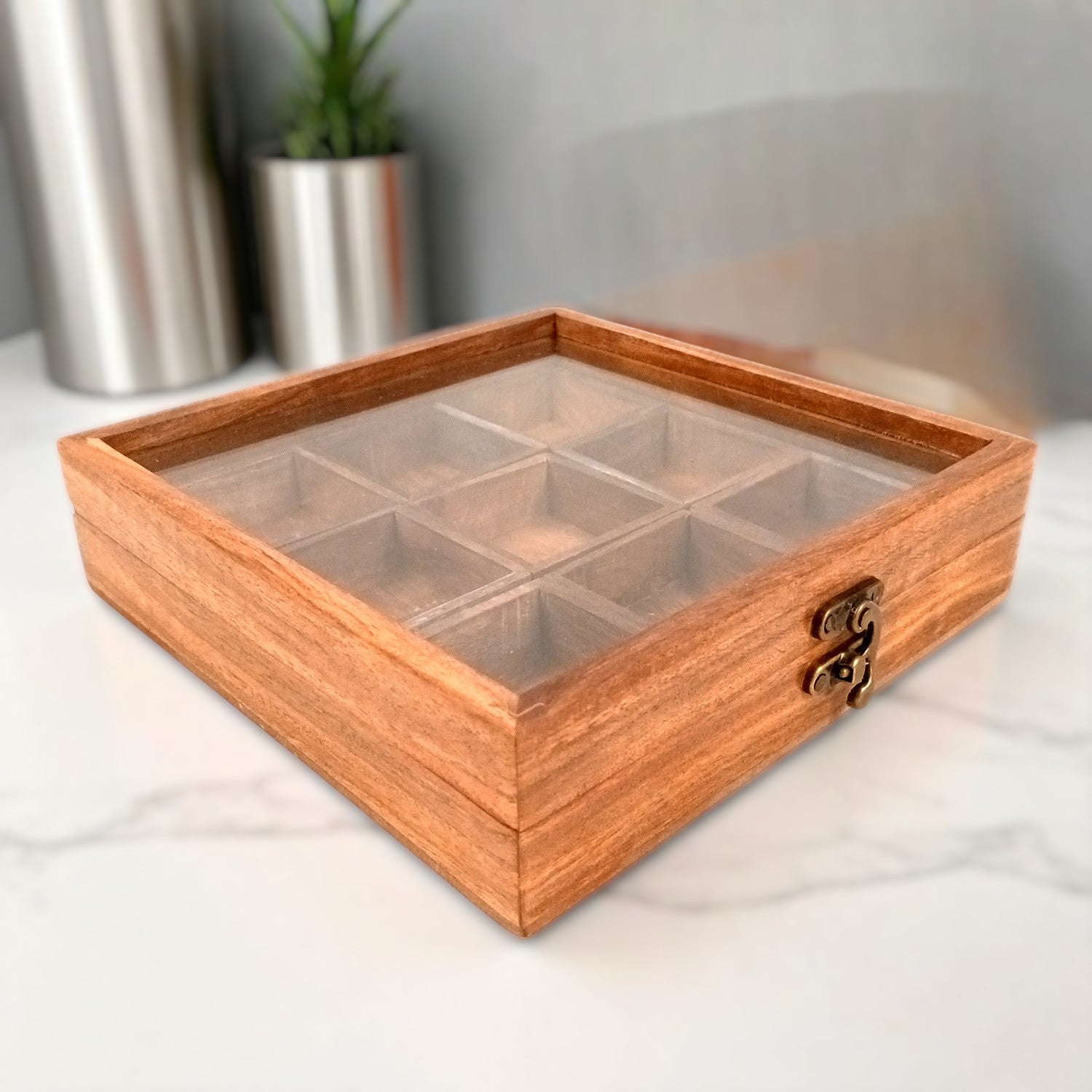 Spice Box - Masala Box with Glass Lid Sheesham Wood  - for Kitchen & Table Top - 8 Inch - Apkamart