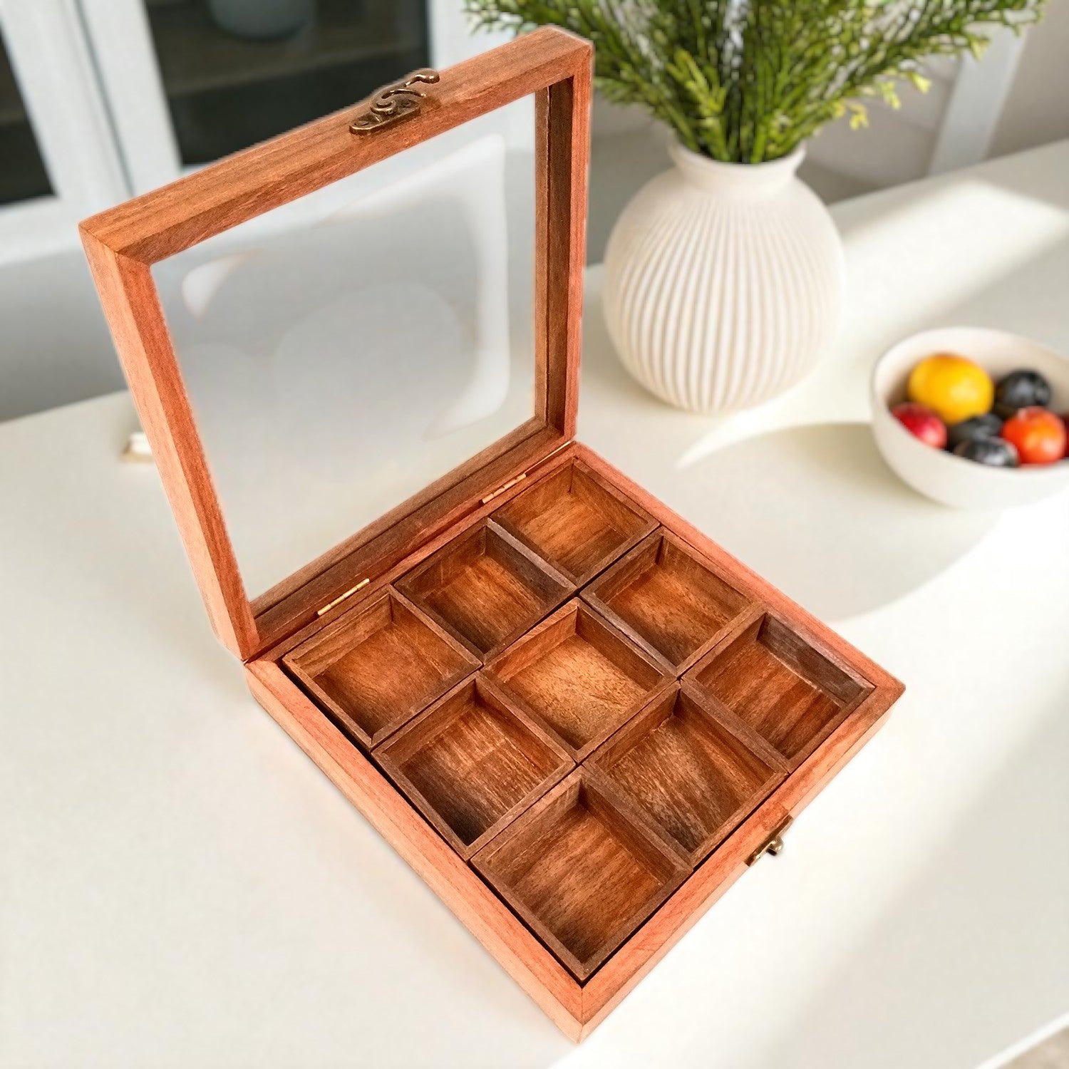 Spice Box - Masala Box with Glass Lid Sheesham Wood  - for Kitchen & Table Top - 8 Inch - Apkamart