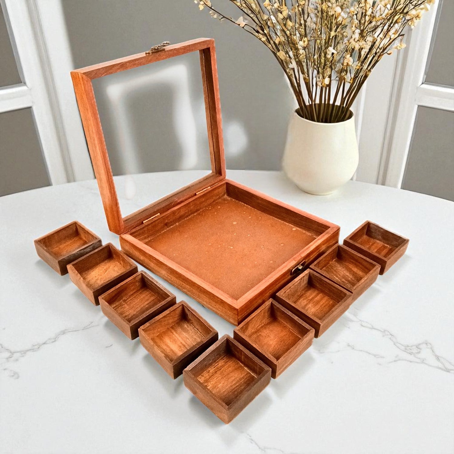 Spice Box - Masala Box with Glass Lid Sheesham Wood  - for Kitchen & Table Top - 8 Inch - Apkamart