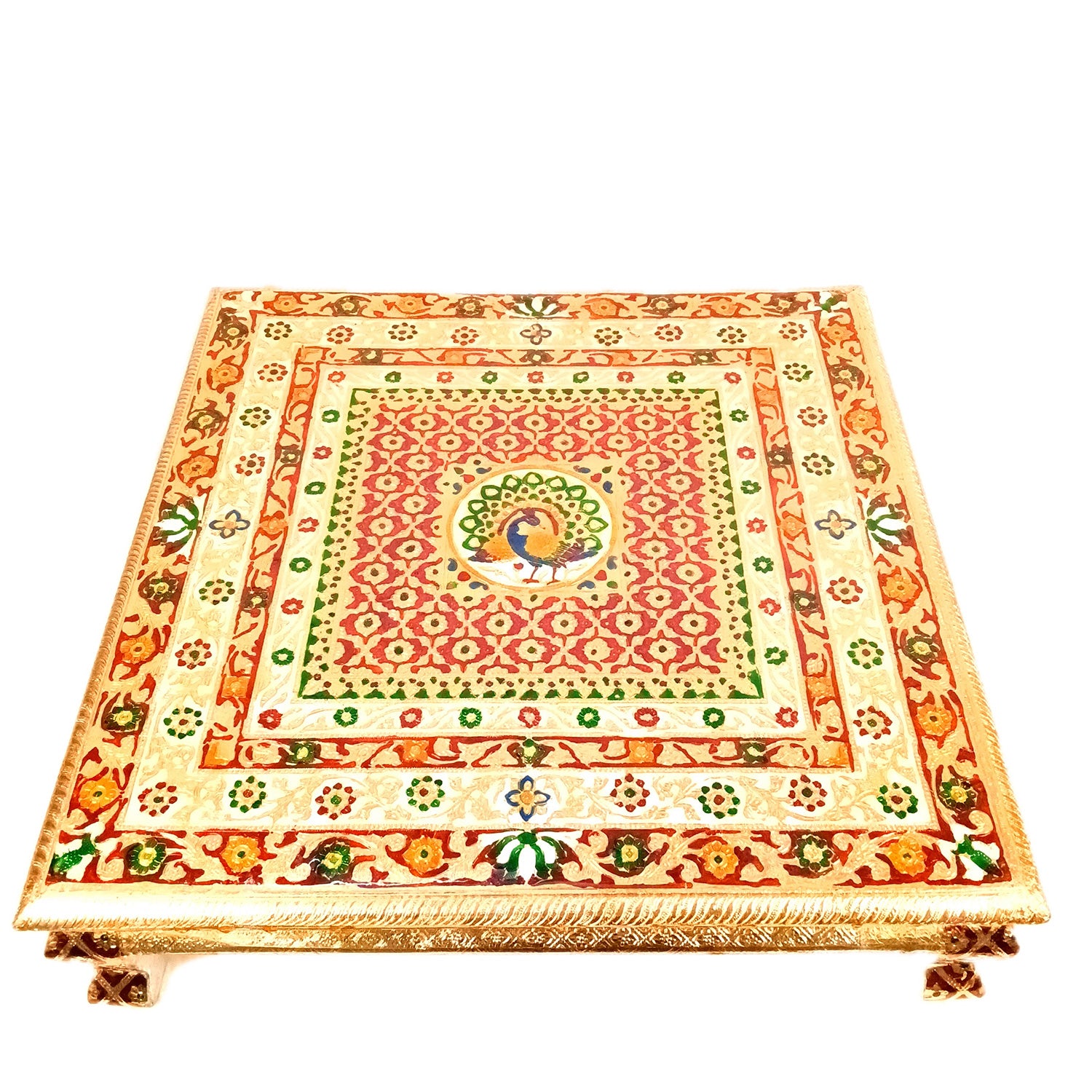 Wooden Puja Chowki Bajot | Stool/Aasan for God Idols | Minakari Chauki Patla/Peeta - for Festivals, Home, Living Room, Corner, Mandir Decoration & Gifts - 24 Inch - Apkamart