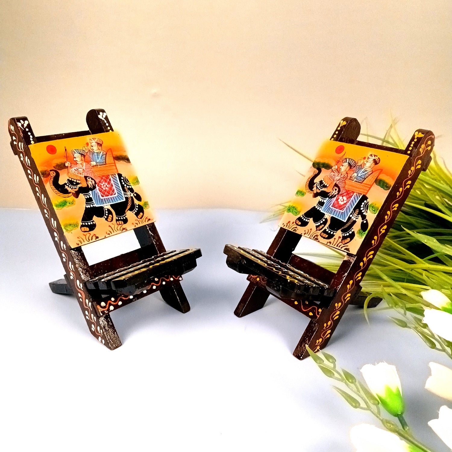 Mobile Holder Stand | Folding Chair Miniature Showpiece | Cell Phone Stand Holder - For Table, Bed, Office Desk, Home Decor & Gifts - 7 Inch (Pack of 2) - Apkamart
