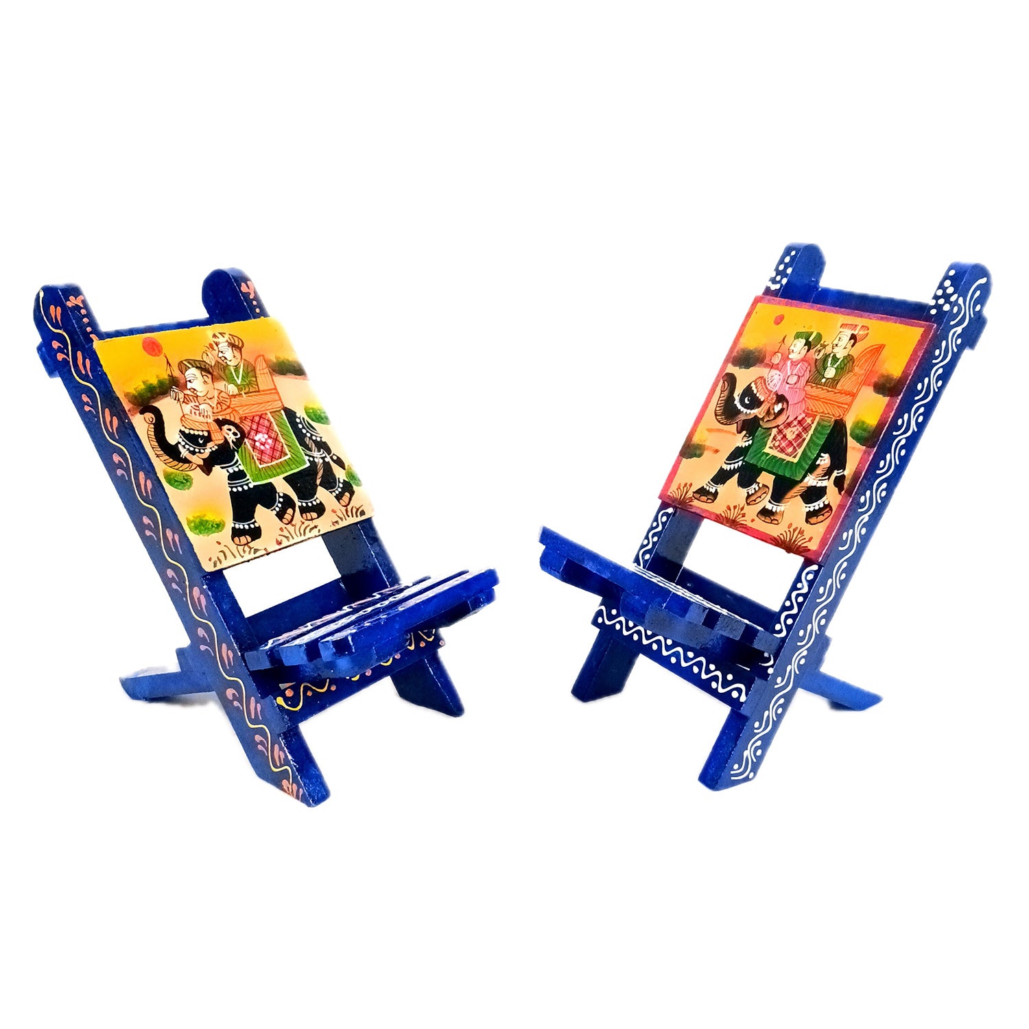 Mobile Holder Stand | Folding Chair Miniature Showpiece | Cell Phone Stand Holder - For Table, Bed, Office Desk, Home Decor & Gifts - 7 Inch (Wood, Blue) (Pack of 2) - Apkamart