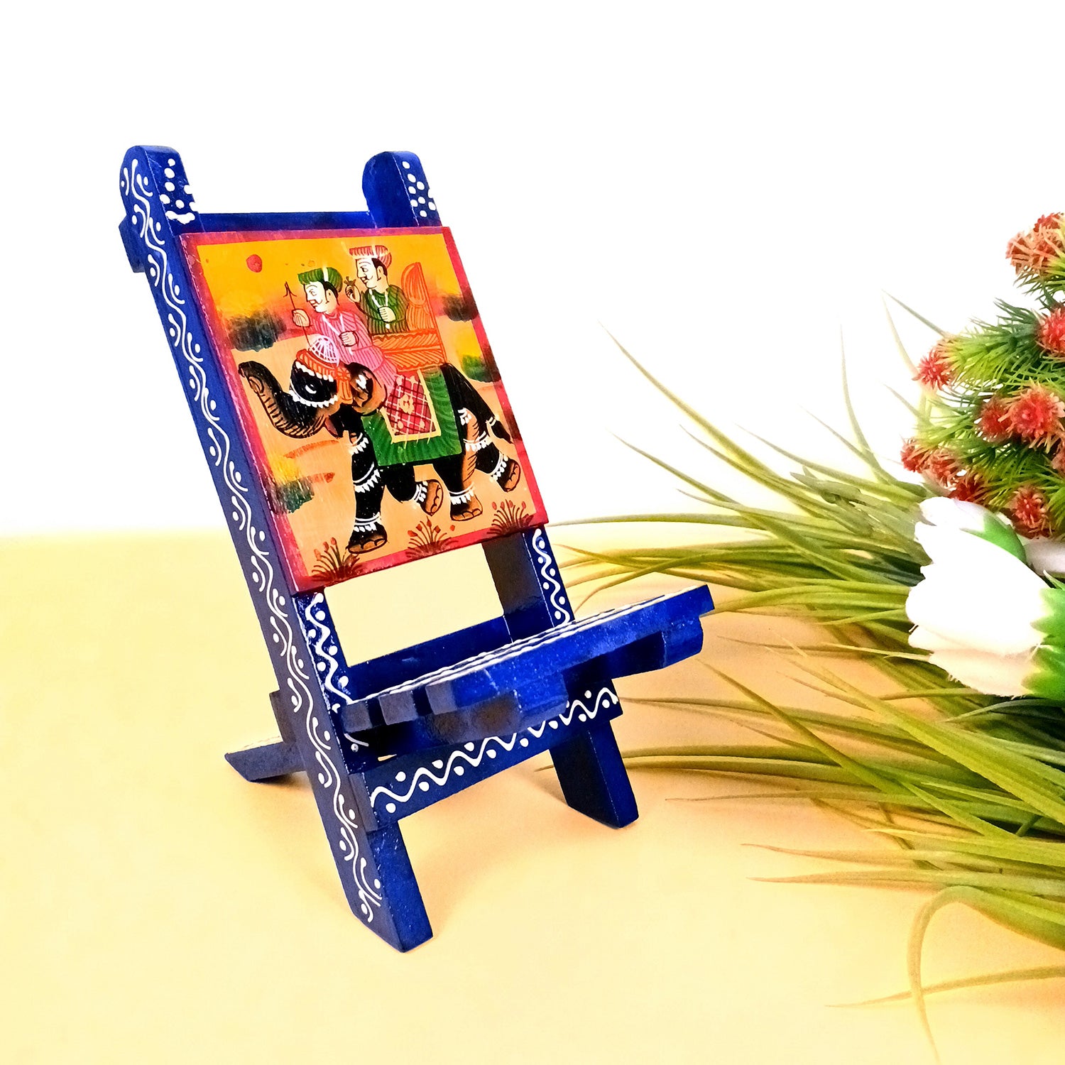 Mobile Holder Stand | Folding Chair Miniature Showpiece | Cell Phone Stand Holder - For Table, Bed, Office Desk, Home Decor & Gifts - 7 Inch (Wood, Blue) - Apkamart