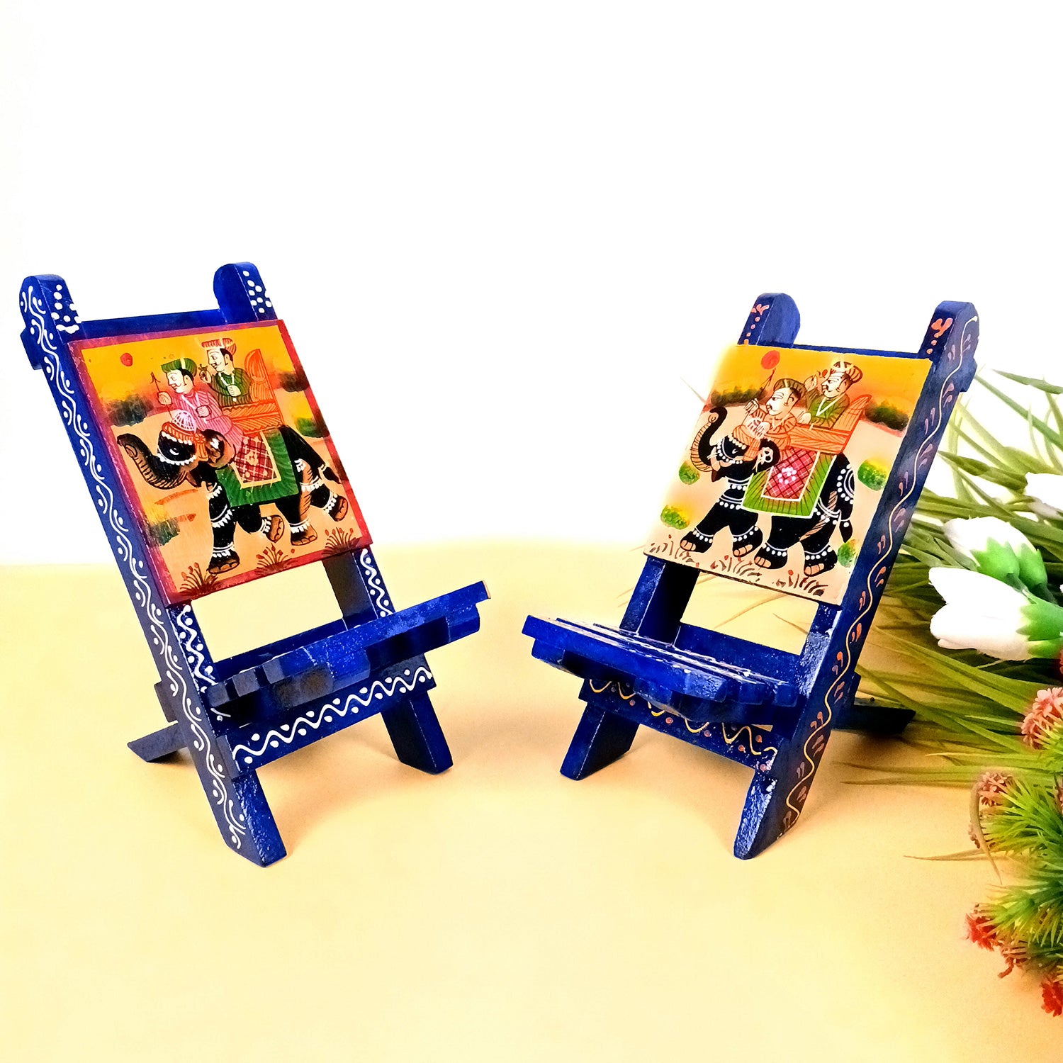 Mobile Holder Stand | Folding Chair Miniature Showpiece | Cell Phone Stand Holder - For Table, Bed, Office Desk, Home Decor & Gifts - 7 Inch (Wood, Blue) (Pack of 2) - Apkamart
