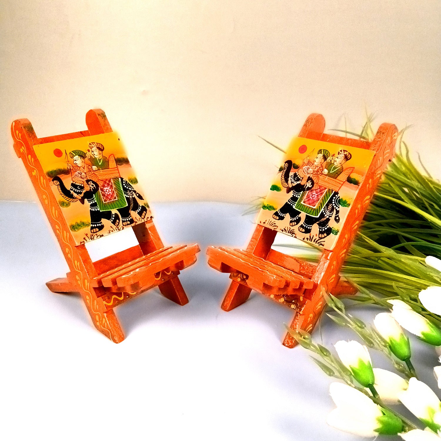 Mobile Holder Stand | Folding Chair Miniature Showpiece | Cell Phone Stand Holder - For Table, Bed, Office Desk, Home Decor & Gifts - 7 Inch (Pack of 2) - Apkamart