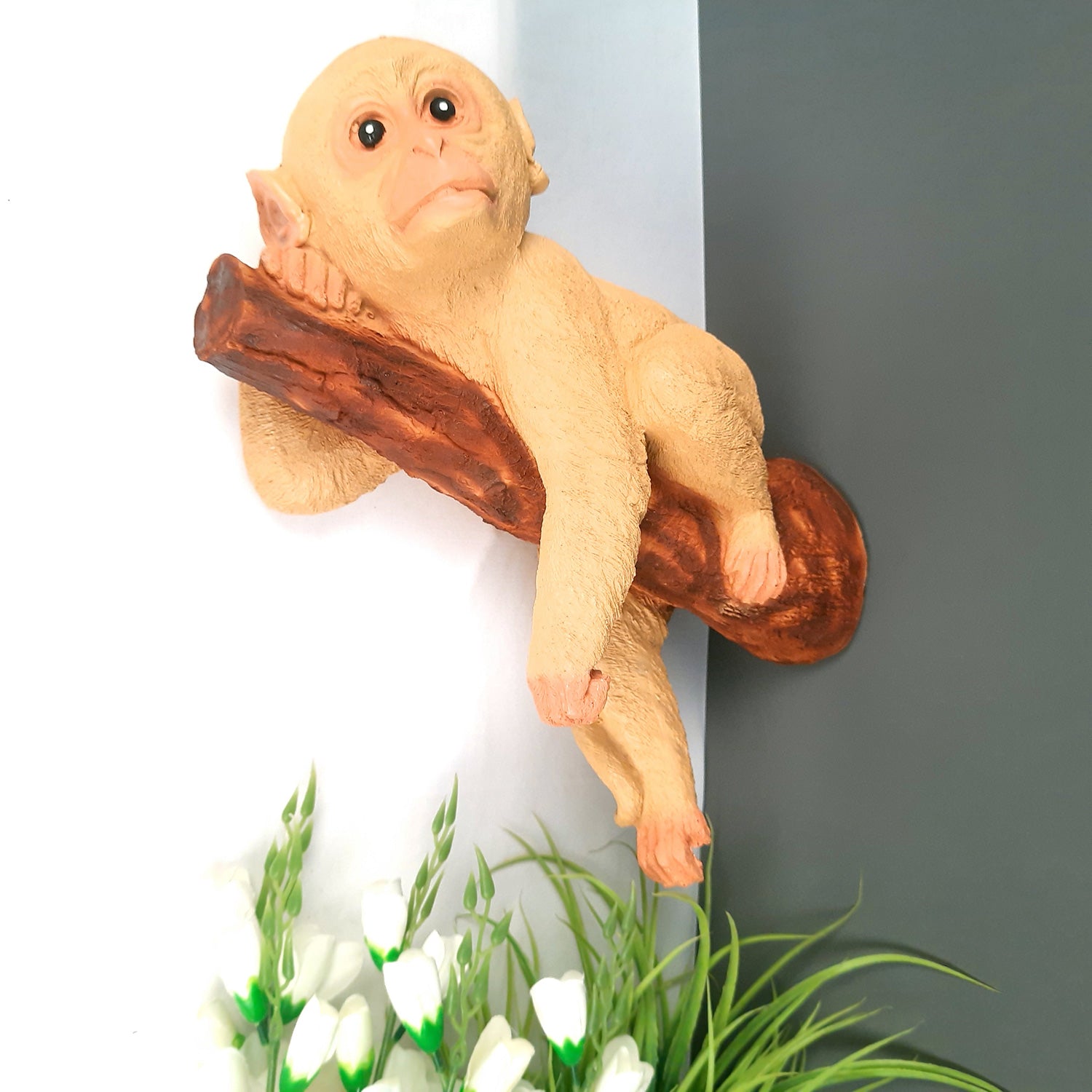 Monkey Hanging on Tree Branch Statue Wall Hanging | Animal Showpiece - For Garden Decor, Home, Living Room, Kids Room & Gifts - 12 Inch - Apkamart