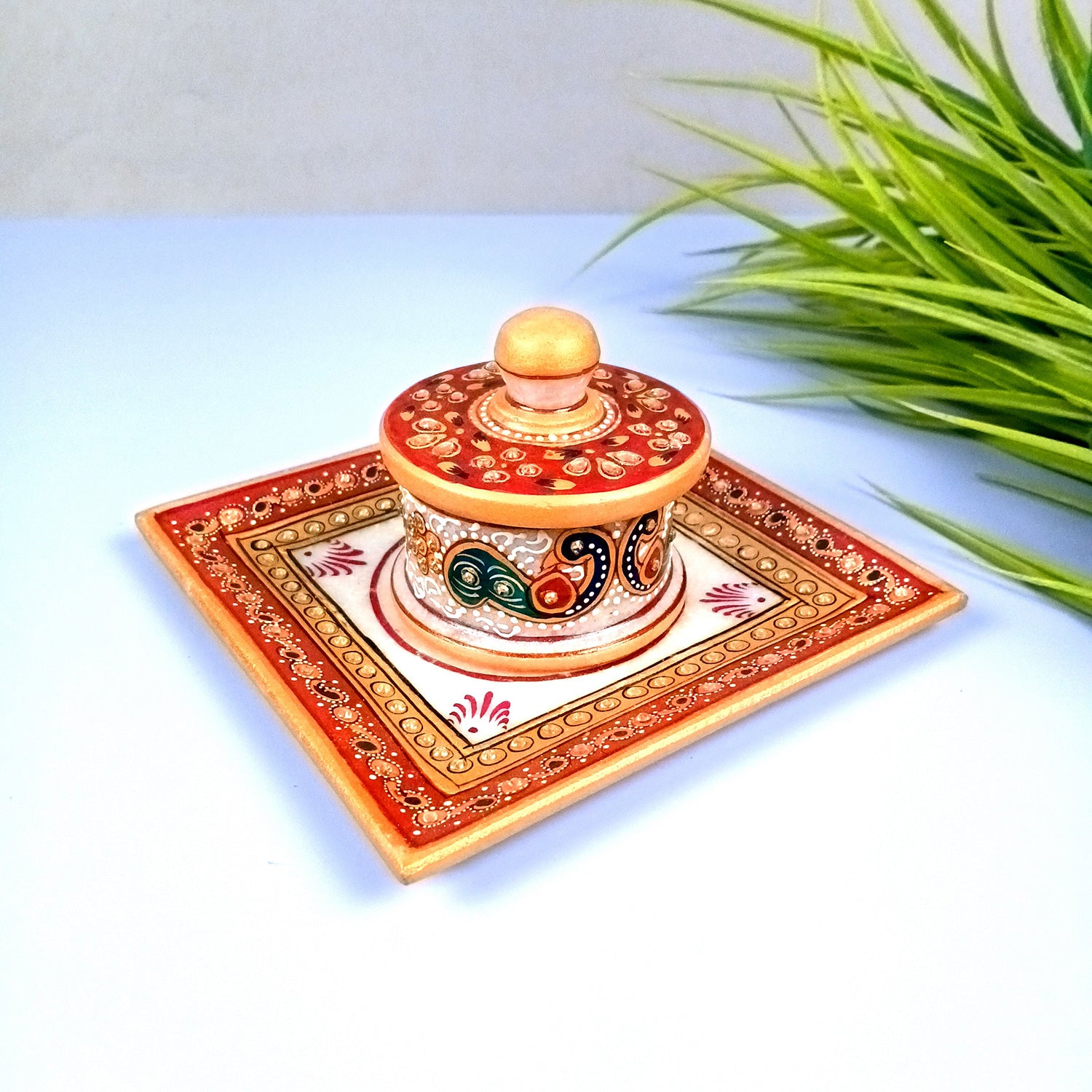 Marble Bowl with Lid for Mukhwas/Mouthfreshner/Dry Fruits with Minakari & Kundan Work | Suparidaan Container - for Kitchen, Home, & Dining Table Decor & Gifts - 6 Inch - Apkamart #Style_Design 3