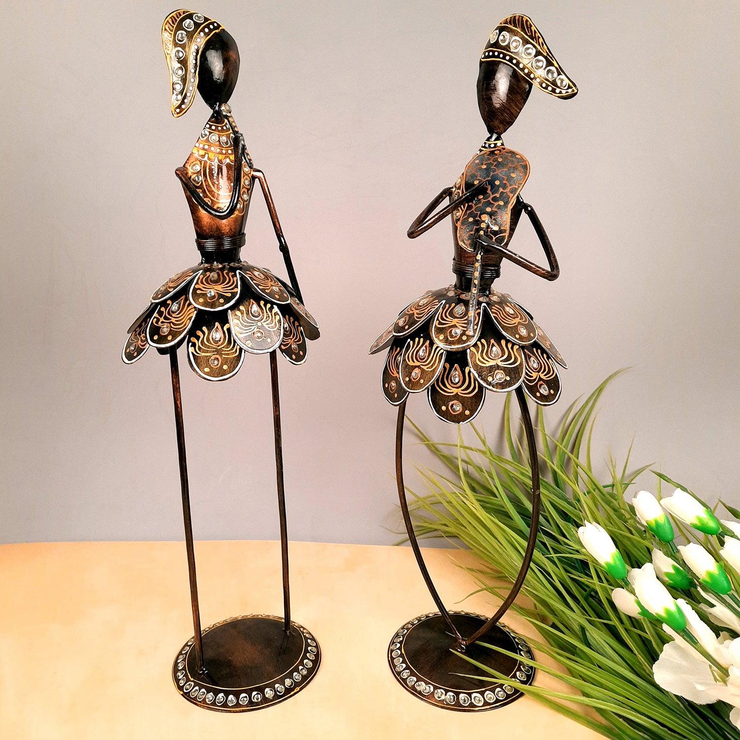 Showpiece Figurine - Muscian Singing & Playing Violin Design | Decorative Long Show pieces With Golden & Kundan Work | Artifacts for Home, Table, Living Room, TV Unit & Bedroom Decor & Gifts- 19 Inch (Set of 2) - Apkamart