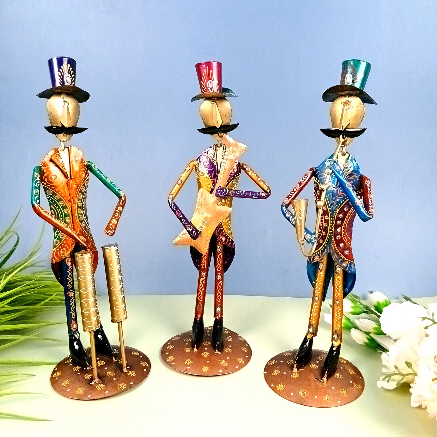 Musician Showpiece Set | Vibrant Handpainted Figurines Wearing Coat & Hat With Kundan Work - for Home, Bedroom, Living Room, Office, Table Decor & Gifts - Apkamart