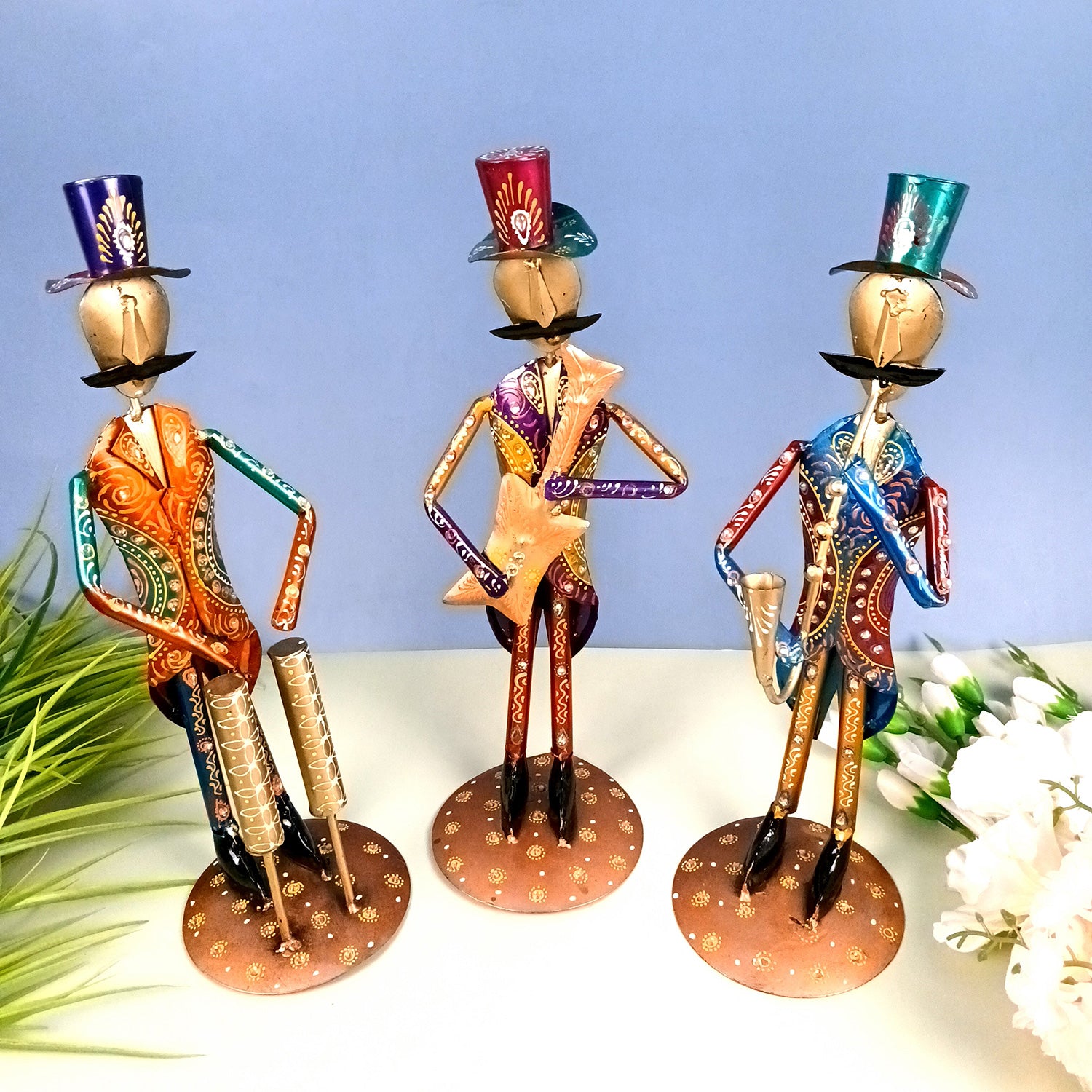 Musician Showpiece Set | Vibrant Handpainted Figurines Wearing Coat & Hat With Kundan Work - for Home, Bedroom, Living Room, Office, Table Decor & Gifts - Apkamart