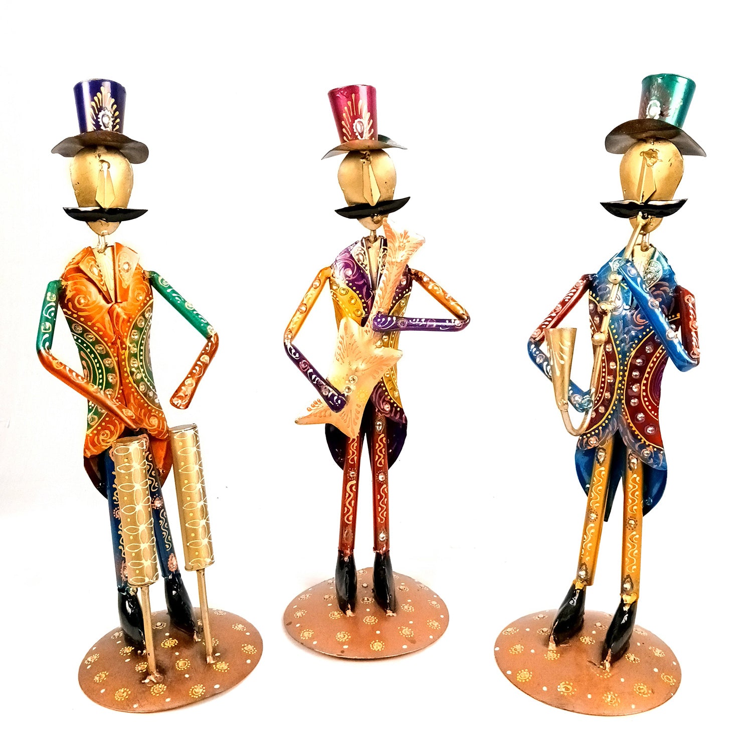 Musician Showpiece Set | Vibrant Handpainted Figurines Wearing Coat & Hat With Kundan Work - for Home, Bedroom, Living Room, Office, Table Decor & Gifts - Apkamart