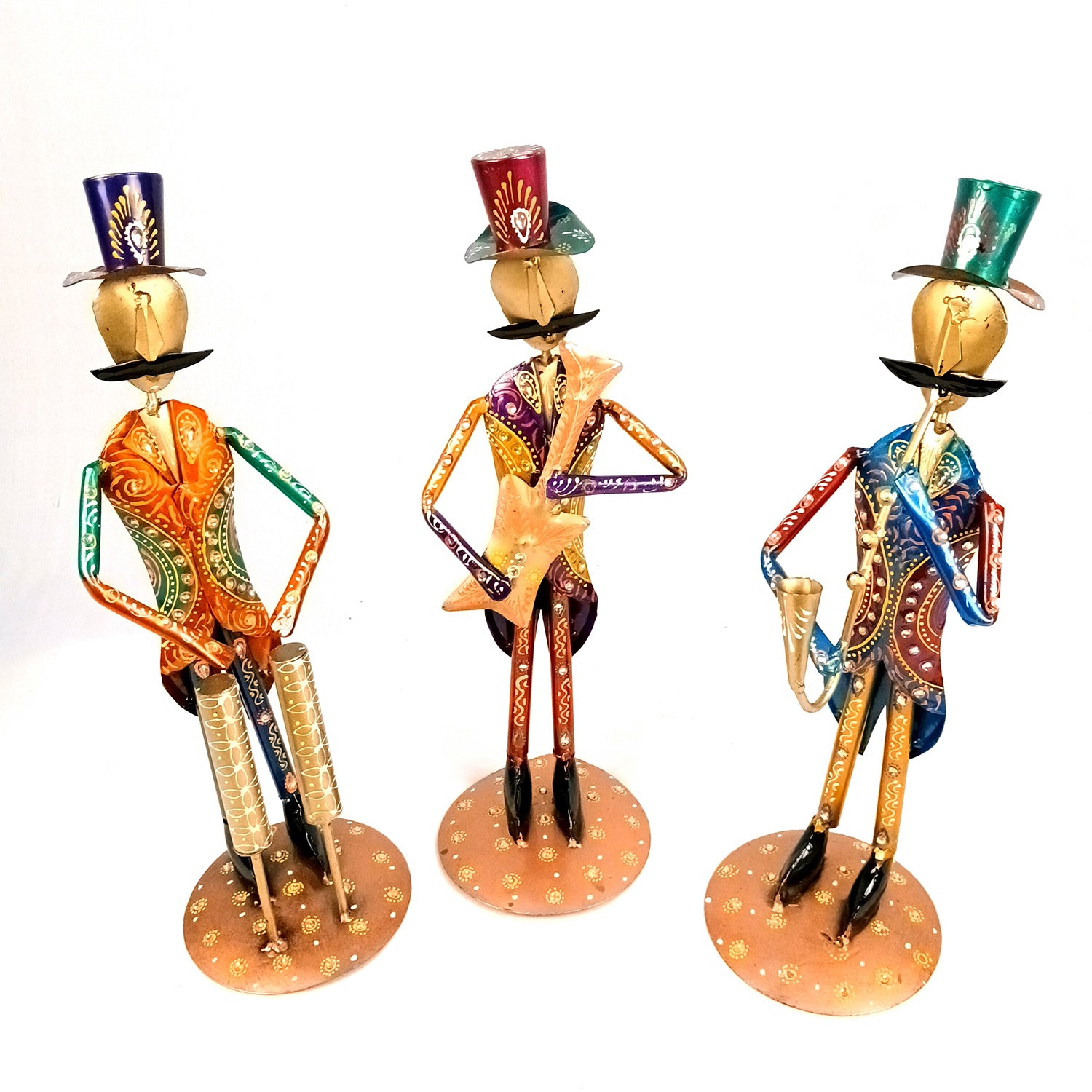 Musician Showpiece Set | Vibrant Handpainted Figurines Wearing Coat & Hat With Kundan Work - for Home, Bedroom, Living Room, Office, Table Decor & Gifts - Apkamart