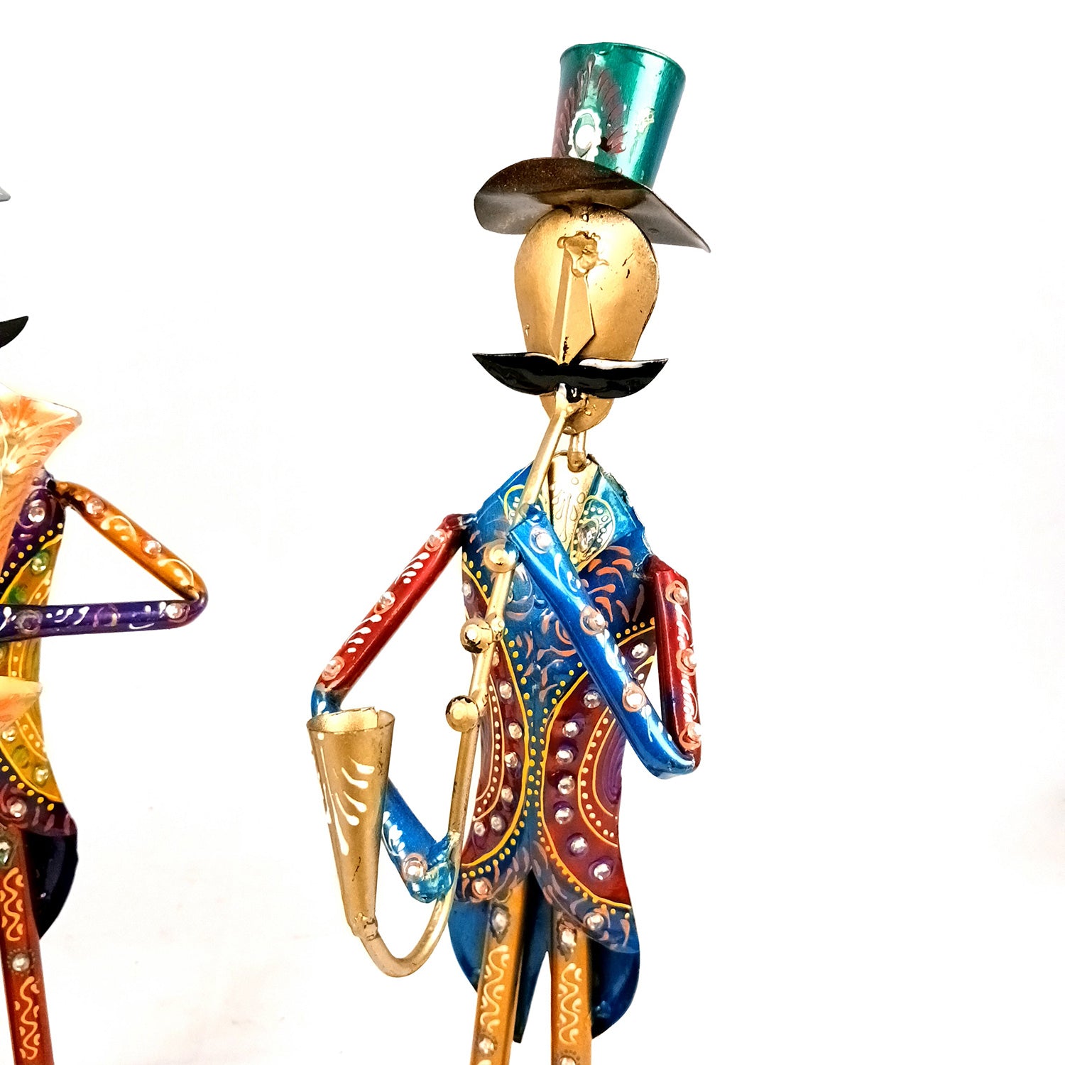 Musician Showpiece Set | Vibrant Handpainted Figurines Wearing Coat & Hat With Kundan Work - for Home, Bedroom, Living Room, Office, Table Decor & Gifts - Apkamart