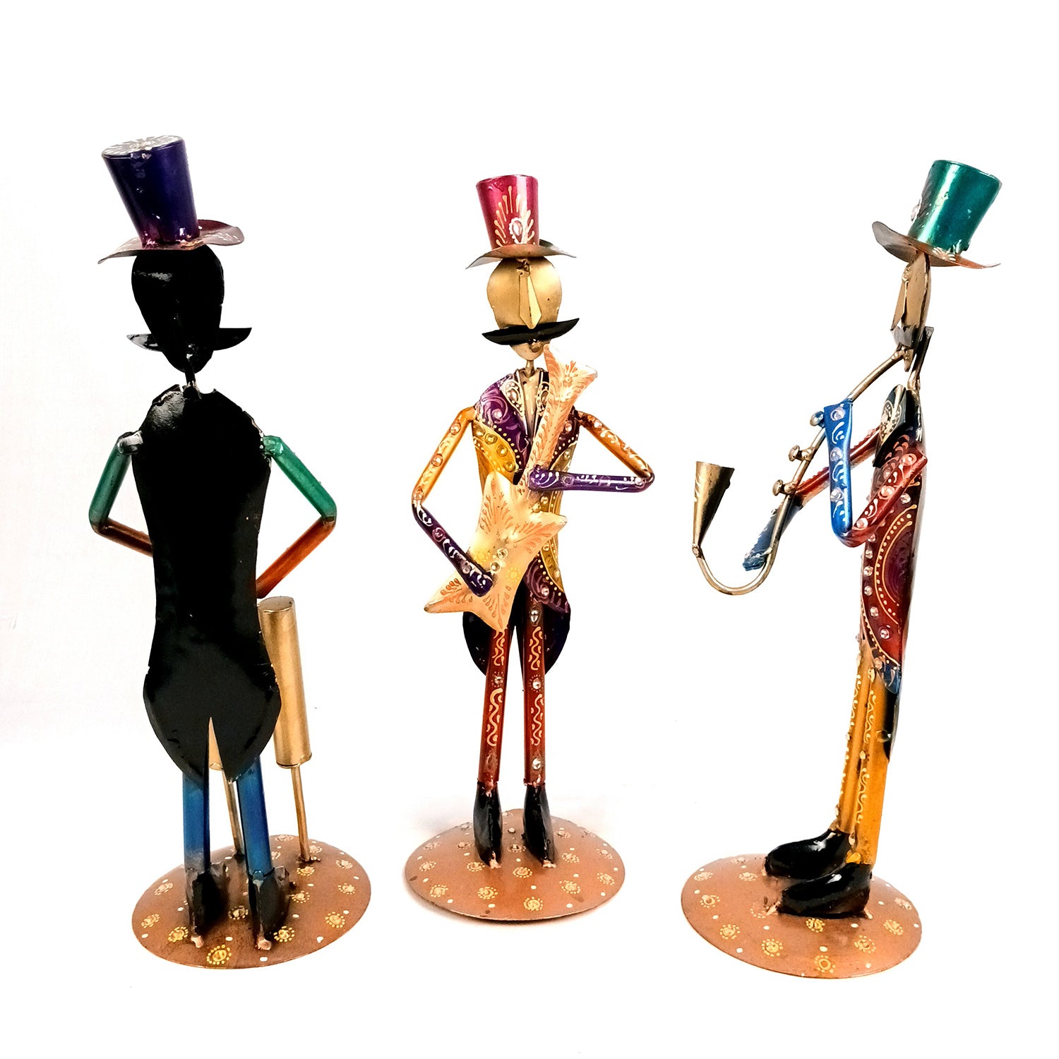 Musician Showpiece Set | Vibrant Handpainted Figurines Wearing Coat & Hat With Kundan Work - for Home, Bedroom, Living Room, Office, Table Decor & Gifts - Apkamart