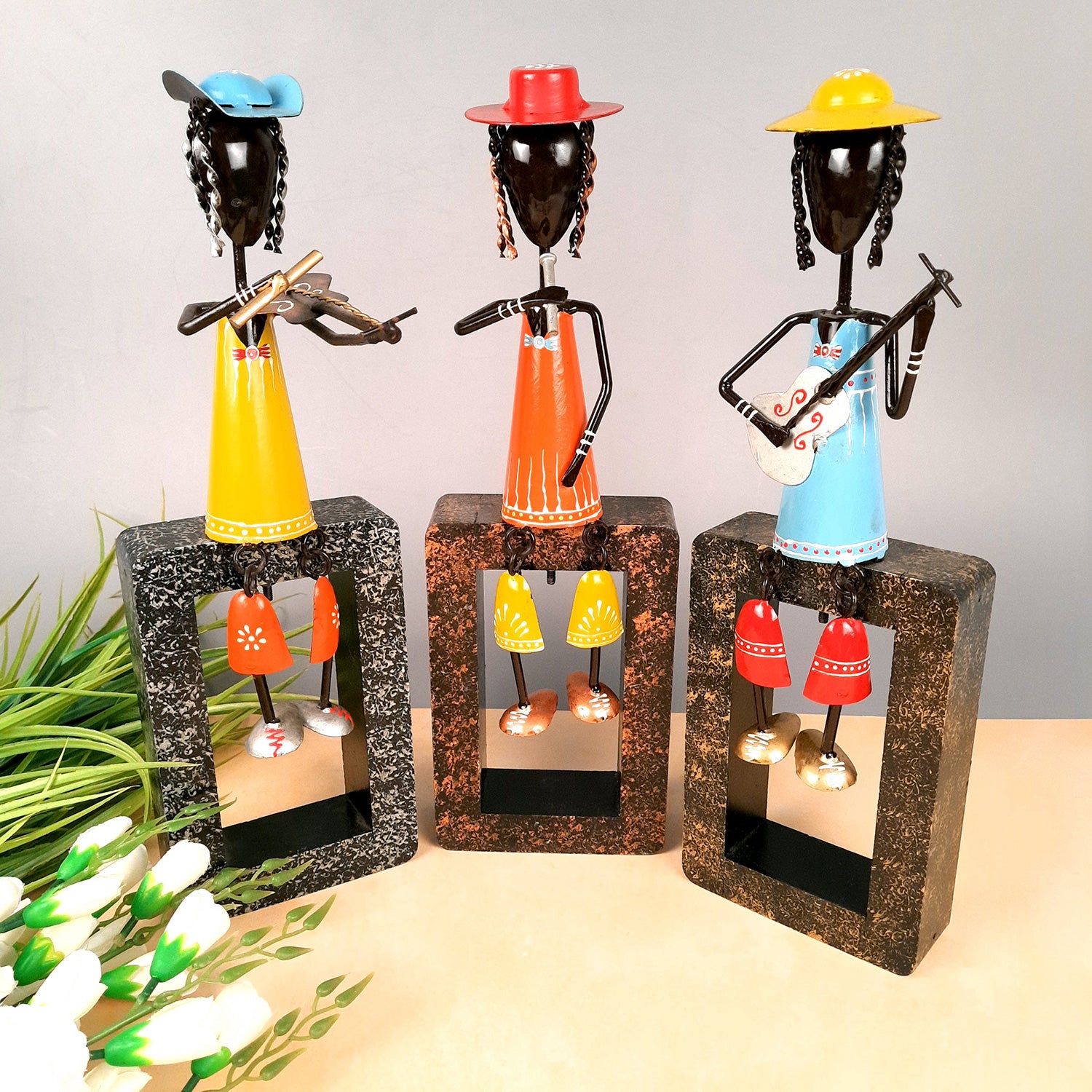 Musician Showpiece Cum Wall Hanging | Figurines Playing Musical Instruments With Hanging Legs | Decorative Showpieces - For Home, Table, Living Room, TV Unit, Balcony, Wall Decor & Gifts - 16 Inch (Set of 3) - Apkamart
