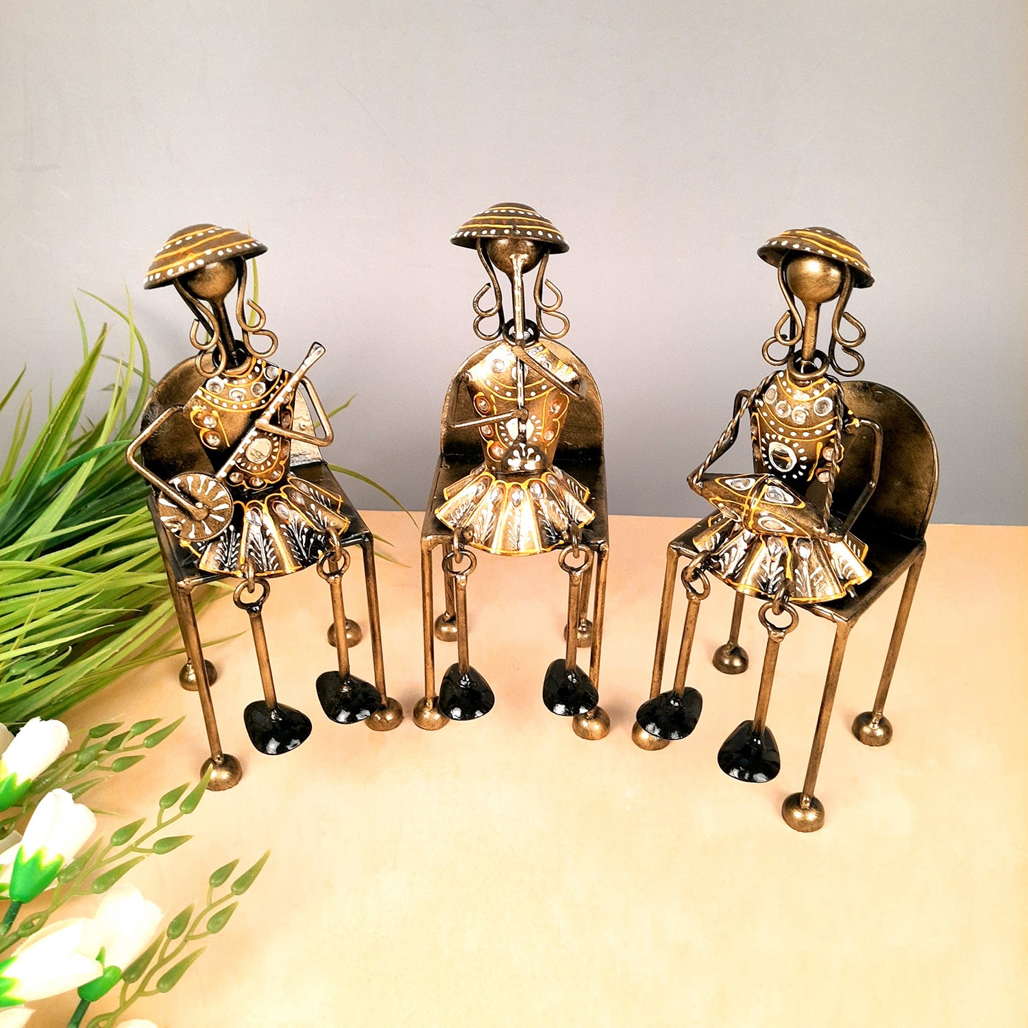 Figurine Showpiece - Musicians Sitting On Chair With Hanging Legs | Artifacts for Home, Table, Living Room, TV Unit & Bedroom Decor | Decorative Show piece for Office Desk & Gifts - 12 Inch (Set of 3) - Apkamart