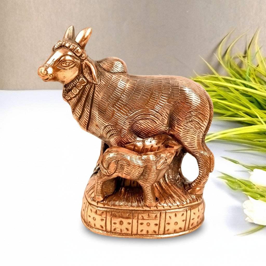 Cow Statue for Home Decor | Holy Cow & Calf Idol | Decorative Cow Figurine for Pooja Room, Living Room & Gifting - 10 Inch - Apkamart