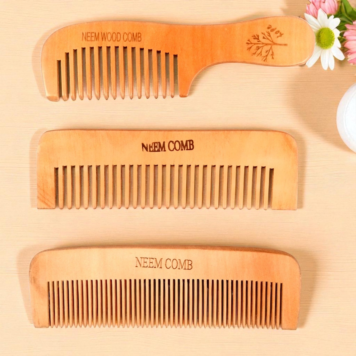 Wooden Neem Comb | Wood Comb With Handle For Men, Women | For Stimulating Hair Growth, Hair Fall, Dandruff Control, Detangling, Frizz Control - 7 Inch (Set Of 3) - Apkamart