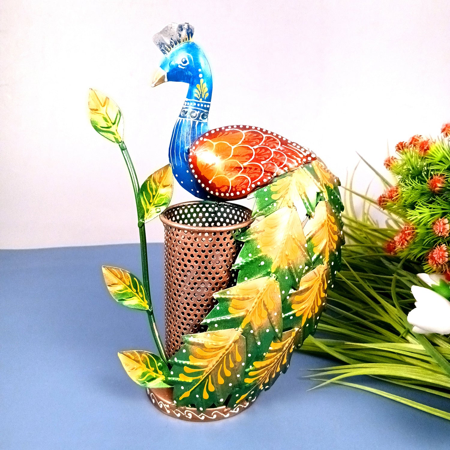 Peacock Pen Holder With Vibrant Color Feathers | Desk Organizer | Multipurpose Stand - For Gifts, Table, Desk Organizing, Office Decor & Corporate Gifts - 11 Inch - Apkamart