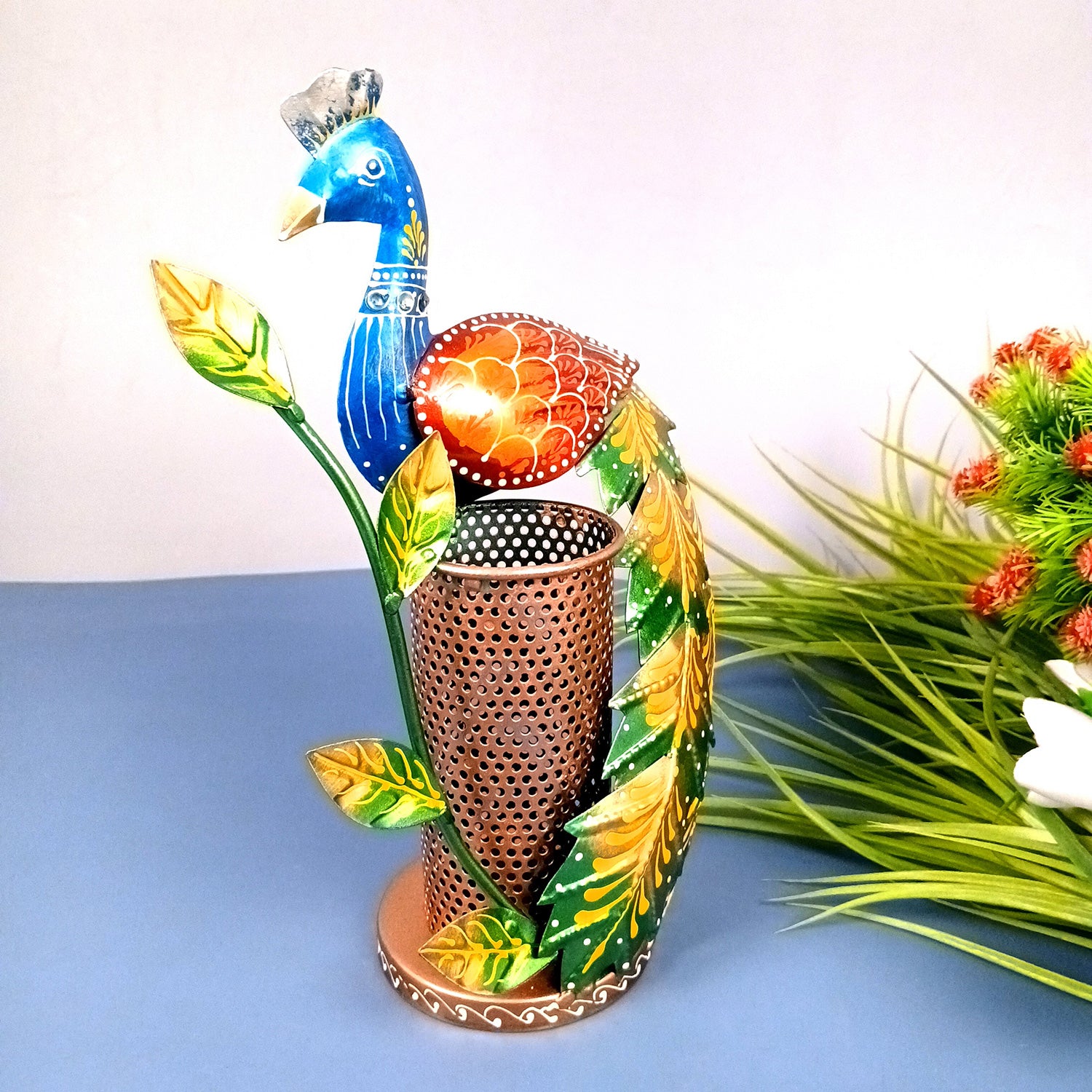 Peacock Pen Holder With Vibrant Color Feathers | Desk Organizer | Multipurpose Stand - For Gifts, Table, Desk Organizing, Office Decor & Corporate Gifts - 11 Inch - Apkamart