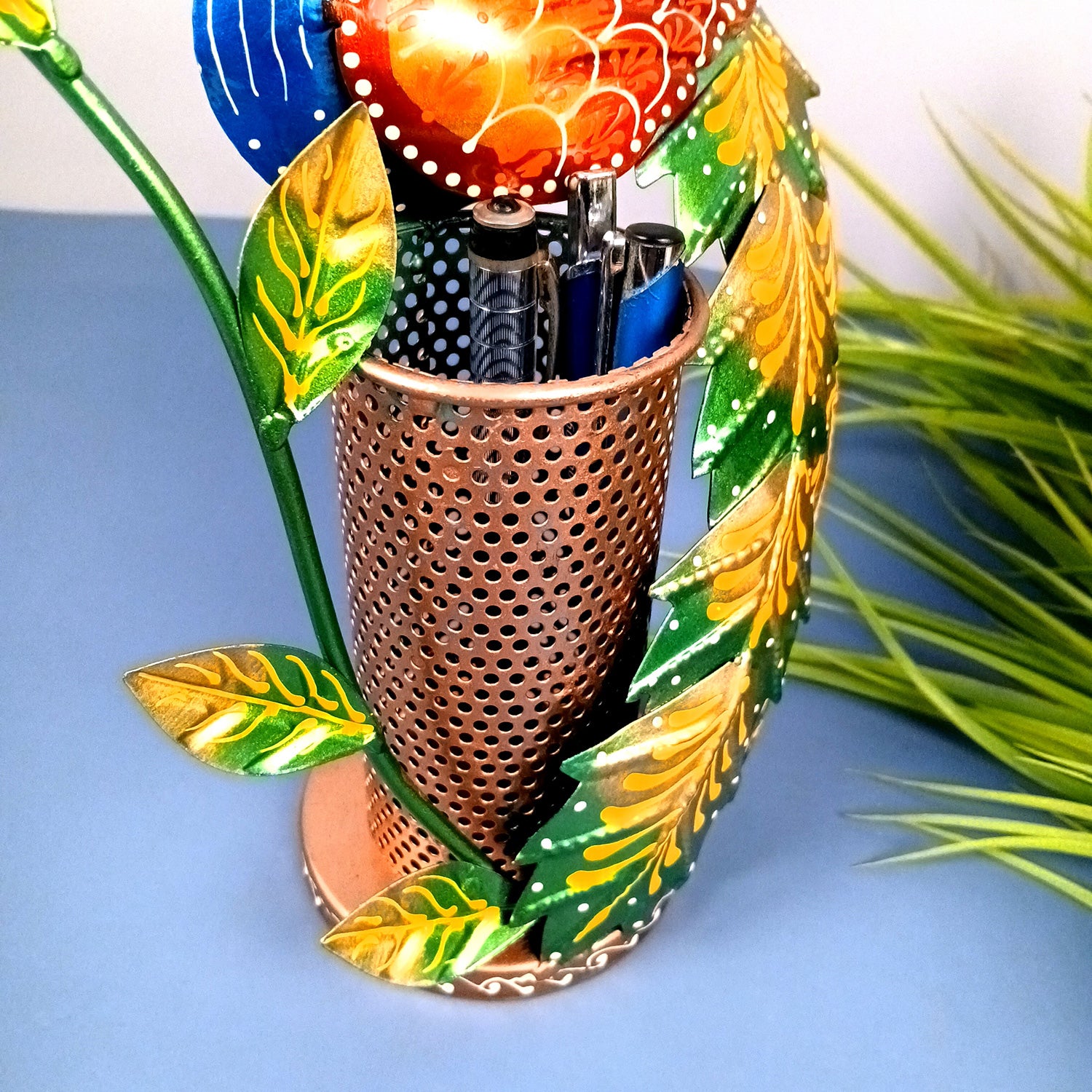 Peacock Pen Holder With Vibrant Color Feathers | Desk Organizer | Multipurpose Stand - For Gifts, Table, Desk Organizing, Office Decor & Corporate Gifts - 11 Inch - Apkamart