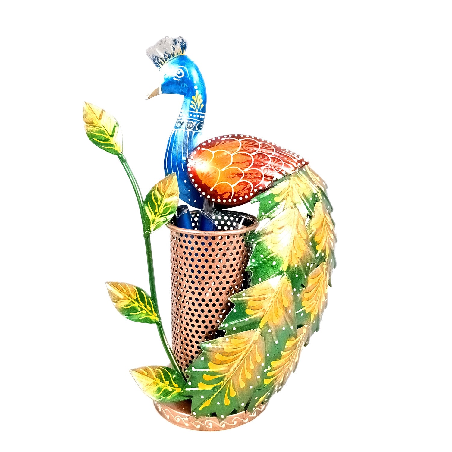 Peacock Pen Holder With Vibrant Color Feathers | Desk Organizer | Multipurpose Stand - For Gifts, Table, Desk Organizing, Office Decor & Corporate Gifts - 11 Inch - Apkamart