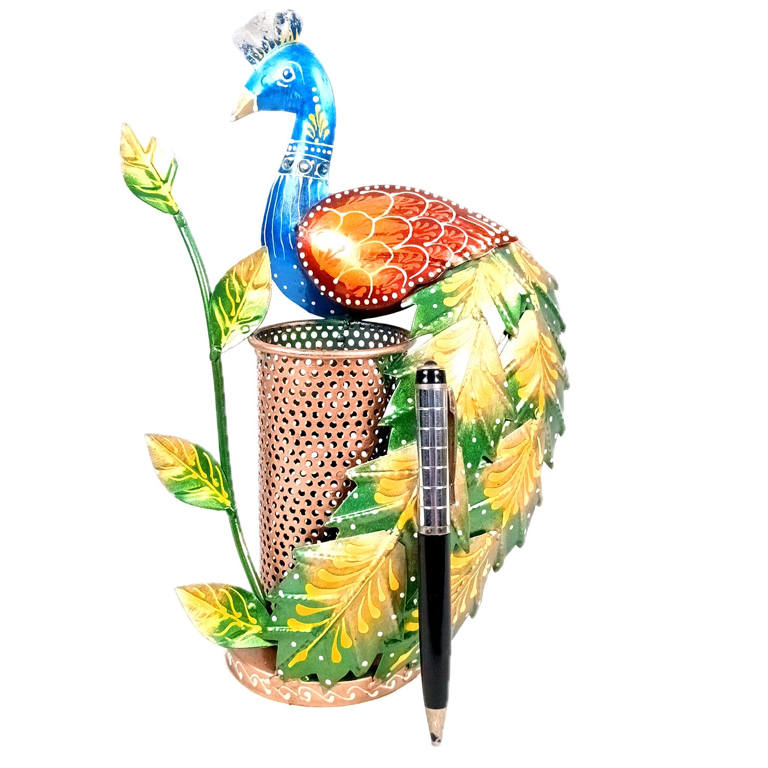 Peacock Pen Holder With Vibrant Color Feathers | Desk Organizer | Multipurpose Stand - For Gifts, Table, Desk Organizing, Office Decor & Corporate Gifts - 11 Inch - Apkamart