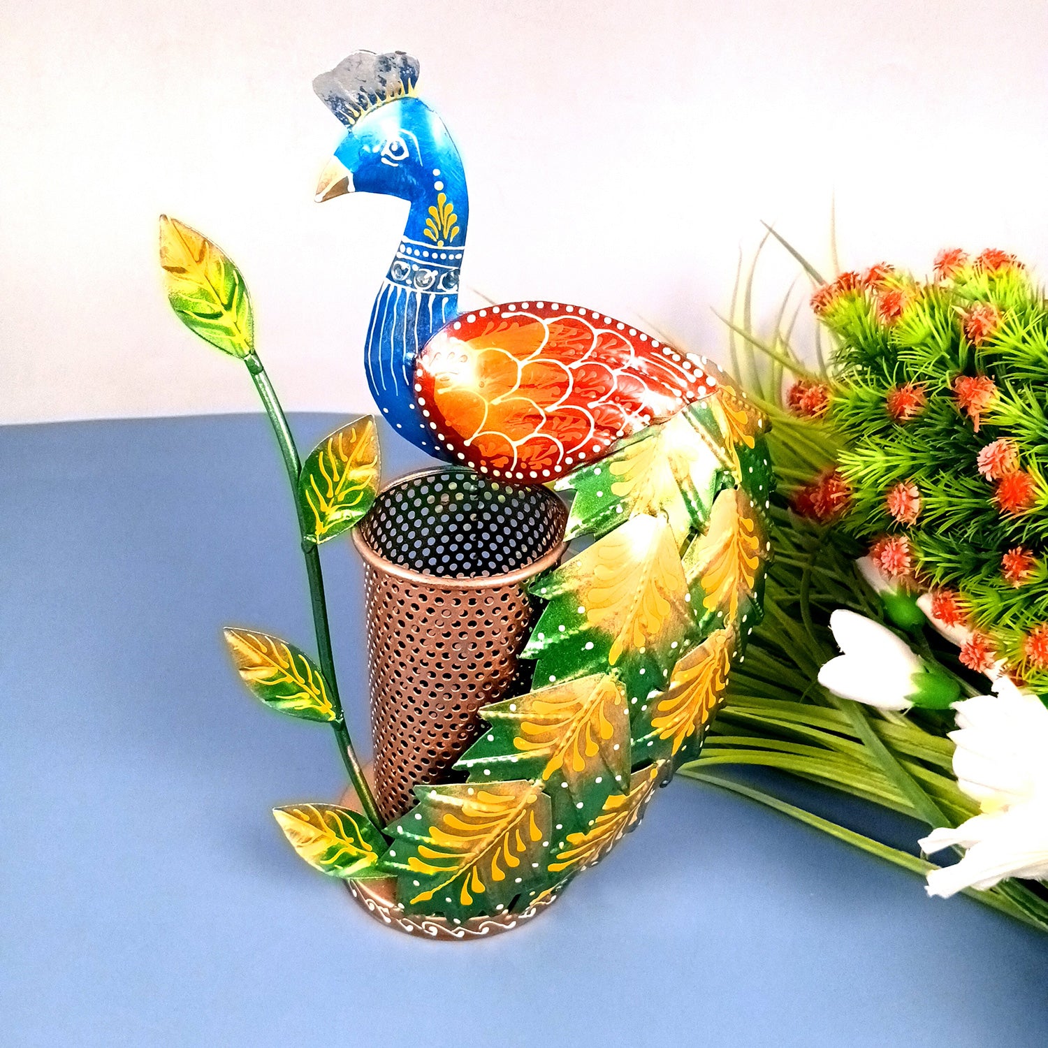 Peacock Pen Holder With Vibrant Color Feathers | Desk Organizer | Multipurpose Stand - For Gifts, Table, Desk Organizing, Office Decor & Corporate Gifts - 11 Inch - Apkamart