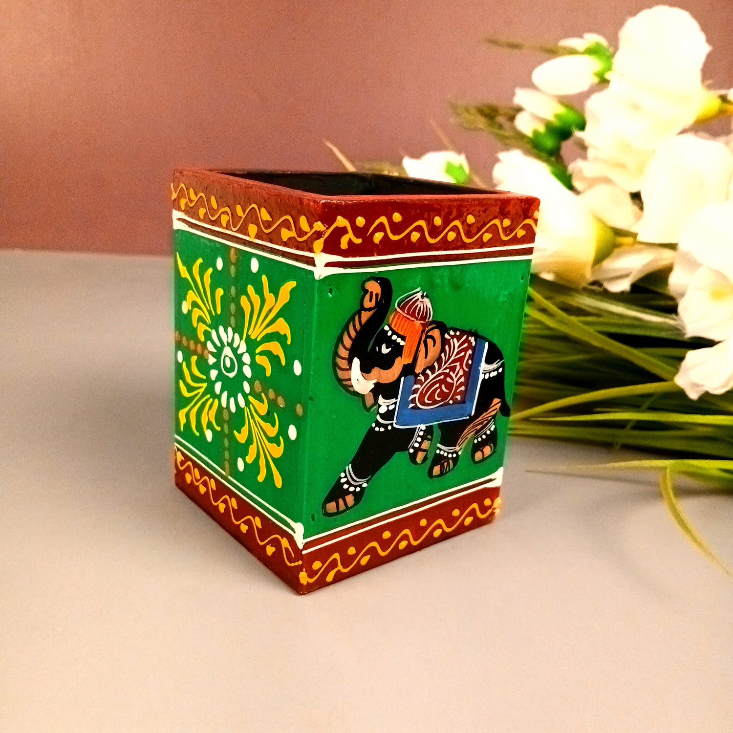 Pen Holder | Stationary Organizers | Wooden Pencil Stands | Multipurpose Holders Stand - For Table, Desk Organizing, Office Decor & Corporate Gifts - 4 Inch - Apkamart #Colour_Green
