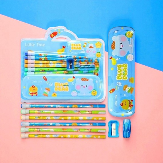 Pencil Box Stationery Kit for Kids | 6 Pencils, 1 Pencil Box, 1 Eraser & 1 Sharpener | School Stationery Set for Boys & Girls - Apkamart