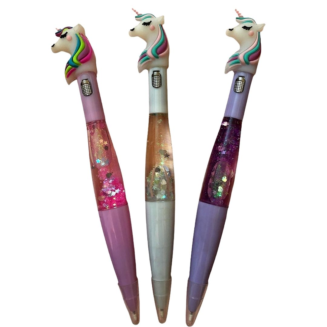 Ball Pens - Unicorn Design | Ballpoint Pen With Led Light & Glitter - for Kids, Girls, Boys, Students, School, Birthday Gift & Return Gifts - Apkamart #Style_Pack of 3