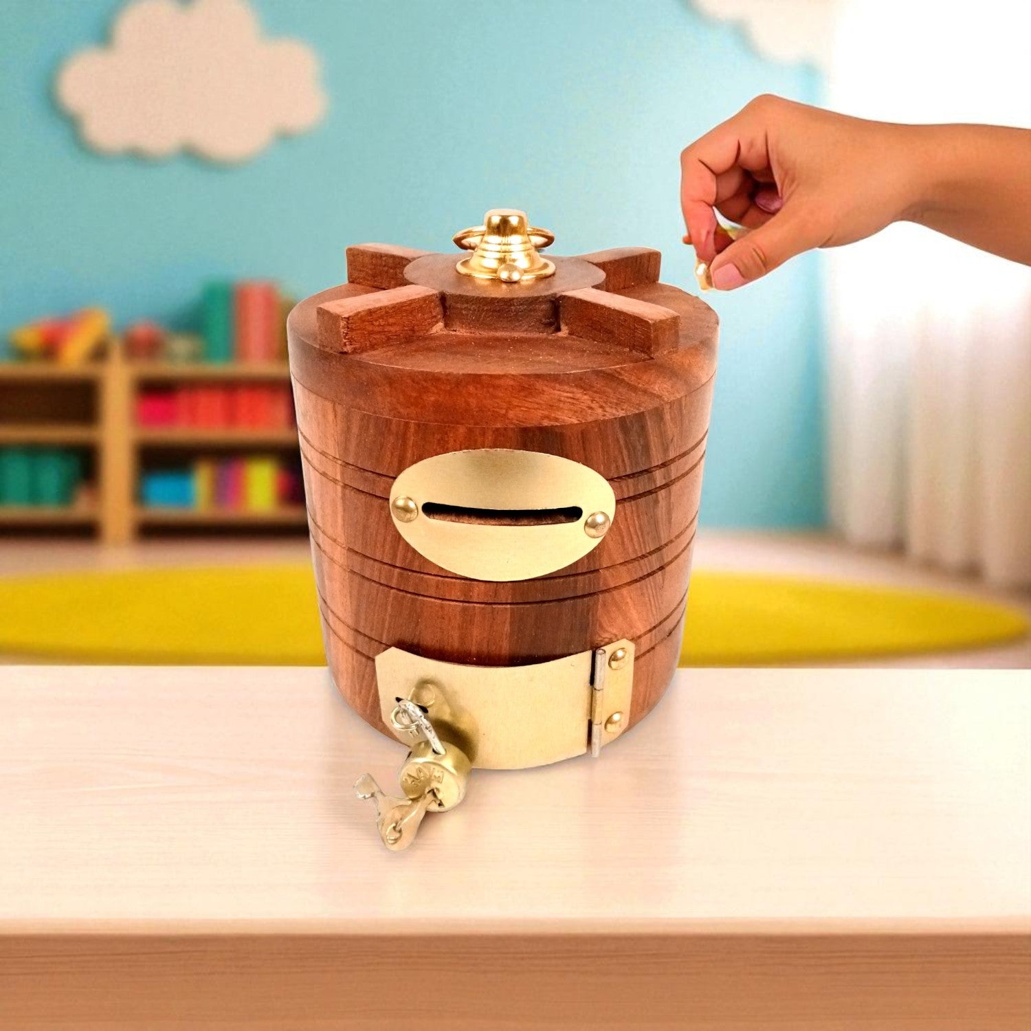 Wooden Money Bank | Piggy Bank / Coin Box With Lock | Gullak - for Kids, Girls , Boys, Birthday Gift, Christmas Gifts for Children, Home Decor - 6 Inch - Apkamart
