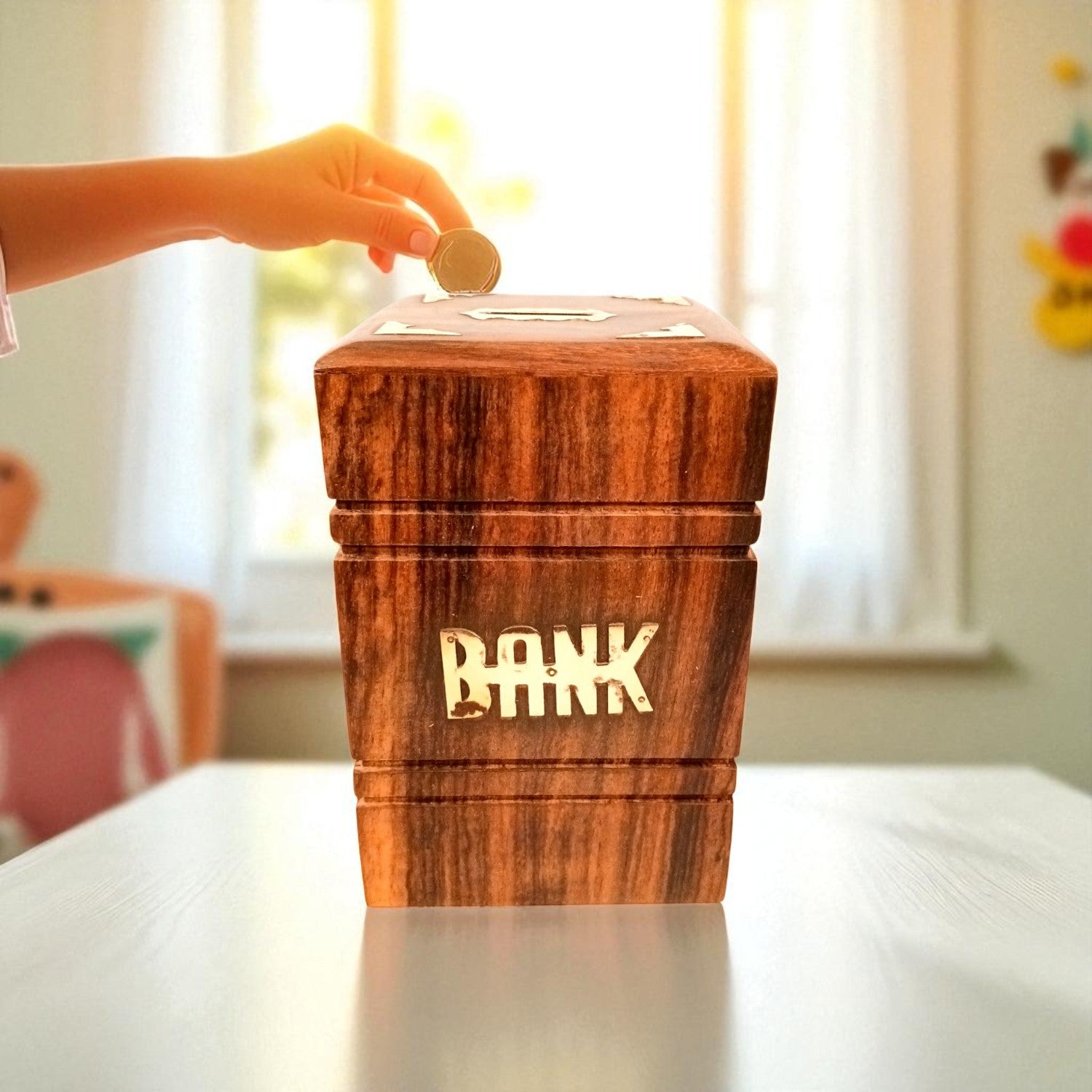 Wooden Money Bank | Piggy Bank / Coin Box With Lock | Big Size Gullak - for Kids, Girls , Boys, Birthday Gift, Christmas Gifts for Children, Home Decor - 6 Inch - Apkamart #Style_Design 1