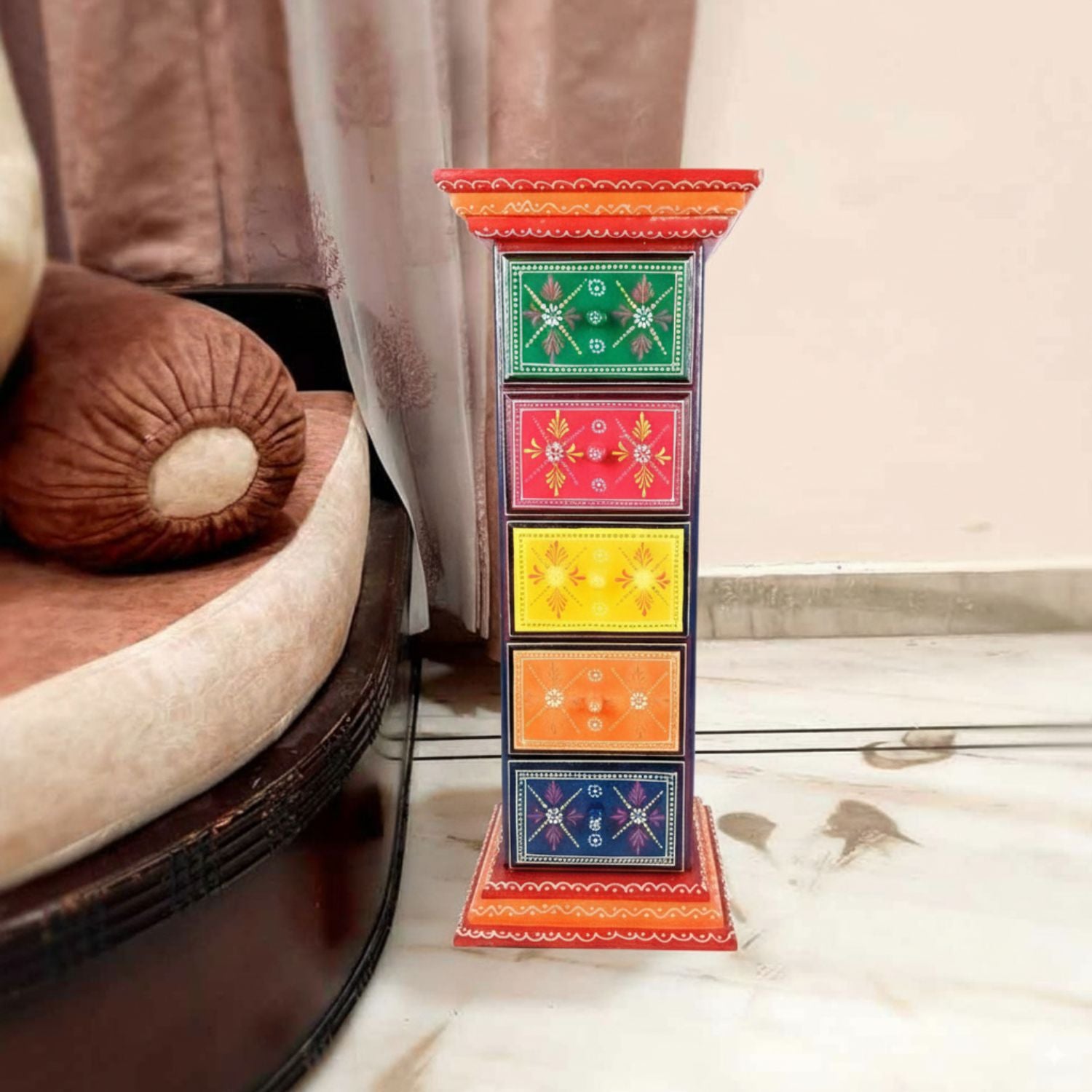 Wooden Pillar 5 Drawer Side Table Traditional Design - Apkamart