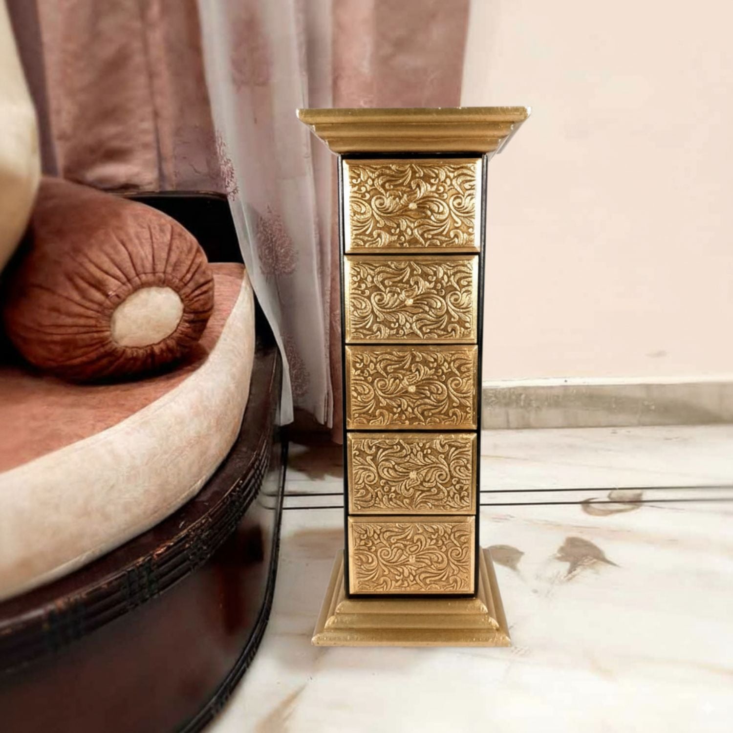 Brass Wood Pillar 5 Drawer Side Table Golden Design - Apkamart