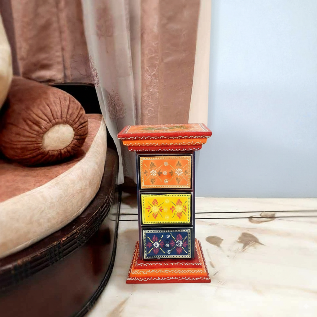 Pillar 3 Drawers Side Table | Traditional Wooden Design Table for Living Room, Bedroom & Office | Home Decor | Decorative Accent Furniture & Showpiece Stand - 18 Inch - Apkamart