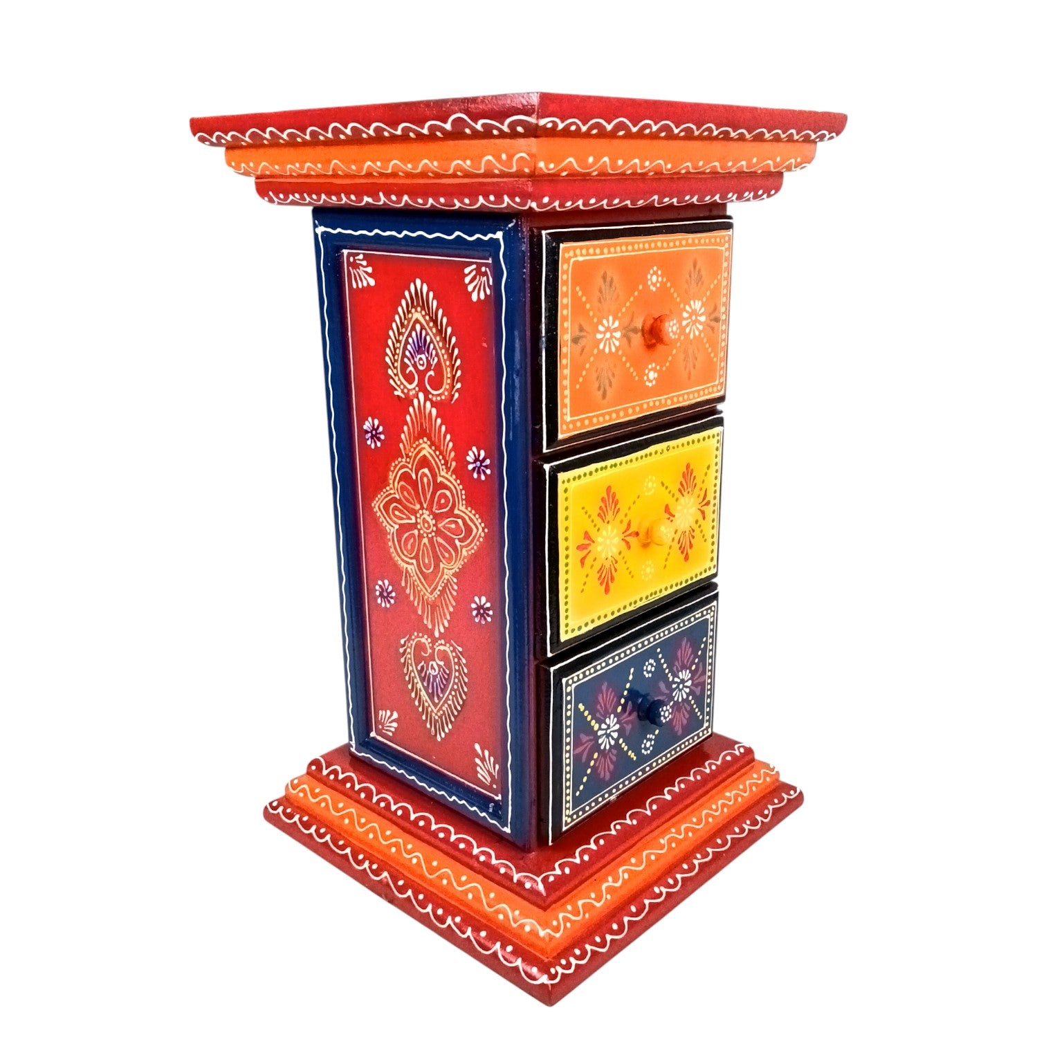 Pillar 3 Drawers Side Table | Traditional Wooden Design Table for Living Room, Bedroom & Office | Home Decor | Decorative Accent Furniture & Showpiece Stand - 18 Inch - Apkamart