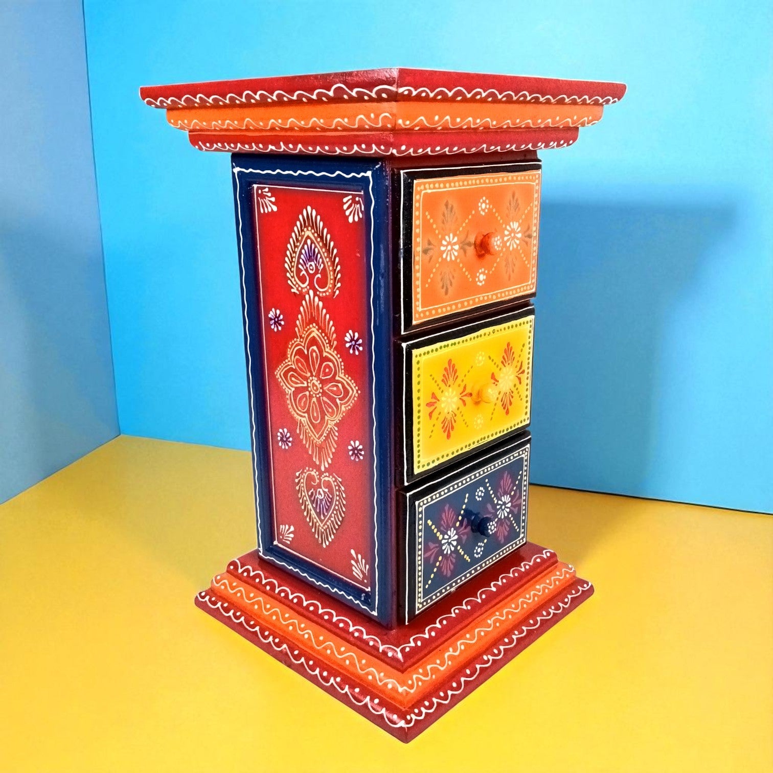 Pillar 3 Drawers Side Table | Traditional Wooden Design Table for Living Room, Bedroom & Office | Home Decor | Decorative Accent Furniture & Showpiece Stand - 18 Inch - Apkamart