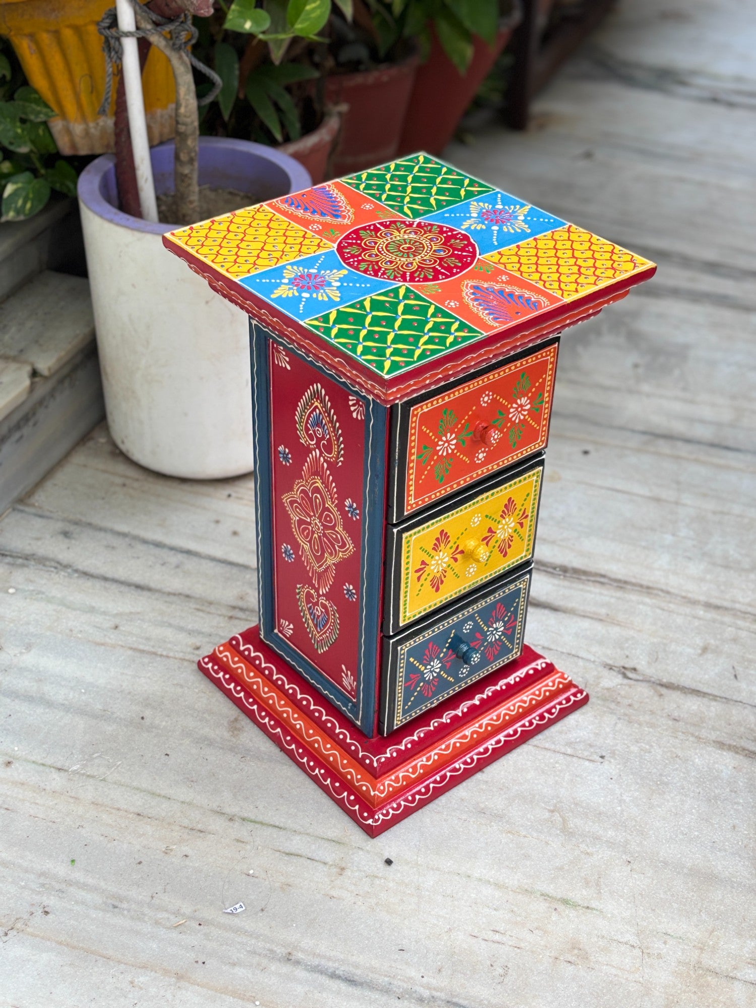 Pillar 3 Drawers Side Table | Traditional Wooden Design Table for Living Room, Bedroom & Office | Home Decor | Decorative Accent Furniture & Showpiece Stand - 18 Inch - Apkamart