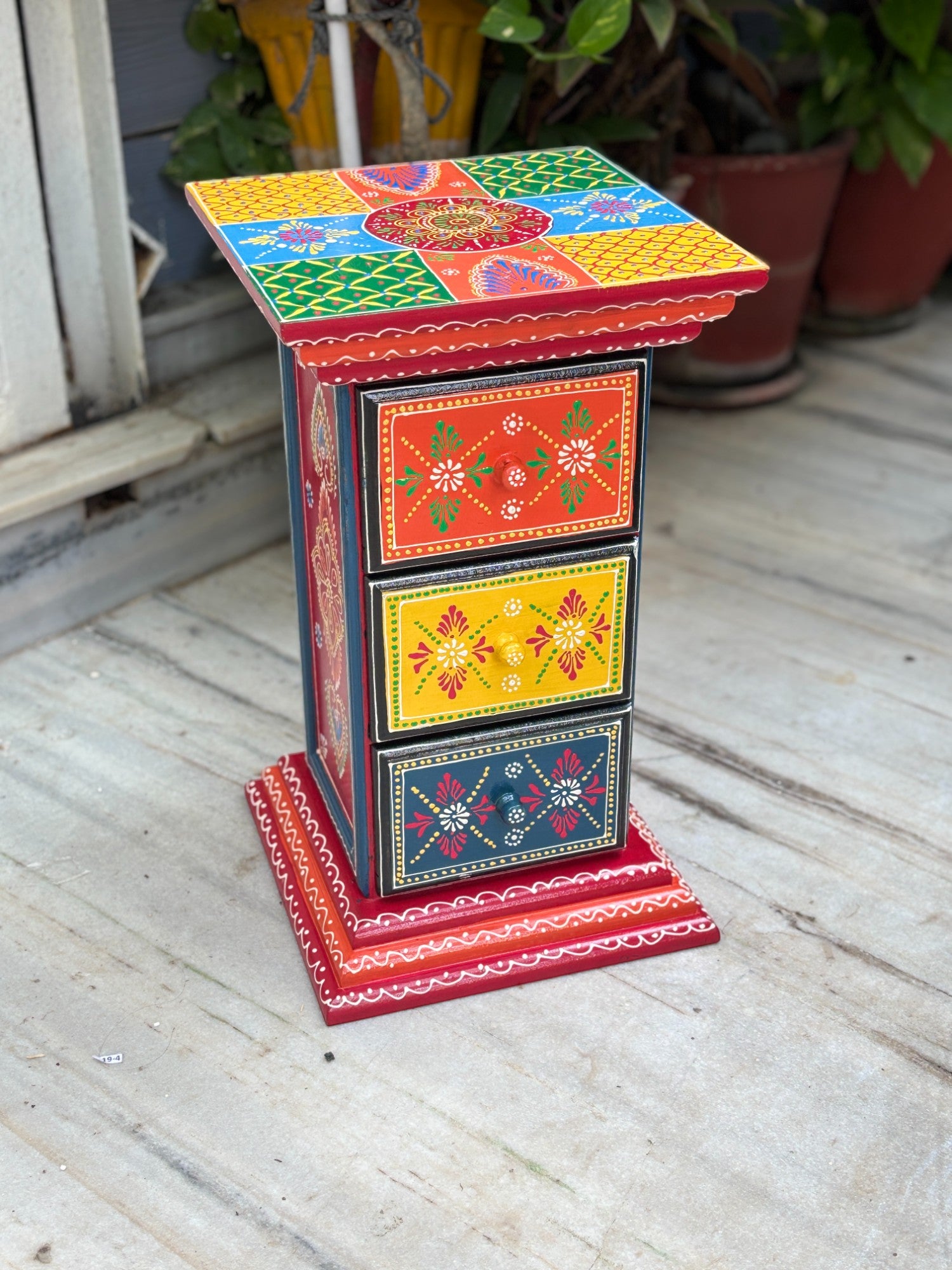 Pillar 3 Drawers Side Table | Traditional Wooden Design Table for Living Room, Bedroom & Office | Home Decor | Decorative Accent Furniture & Showpiece Stand - 18 Inch - Apkamart