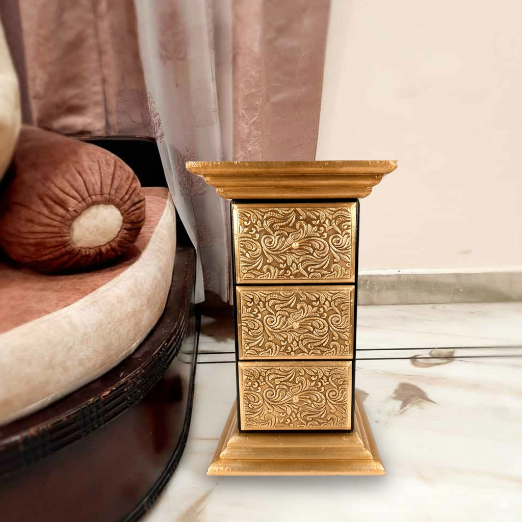 Pillar 3 Drawers Side Table | Traditional Wooden Design Table for Living Room, Bedroom & Office | Decorative Accent Furniture & Showpiece Stand - 18 Inch - Apkamat