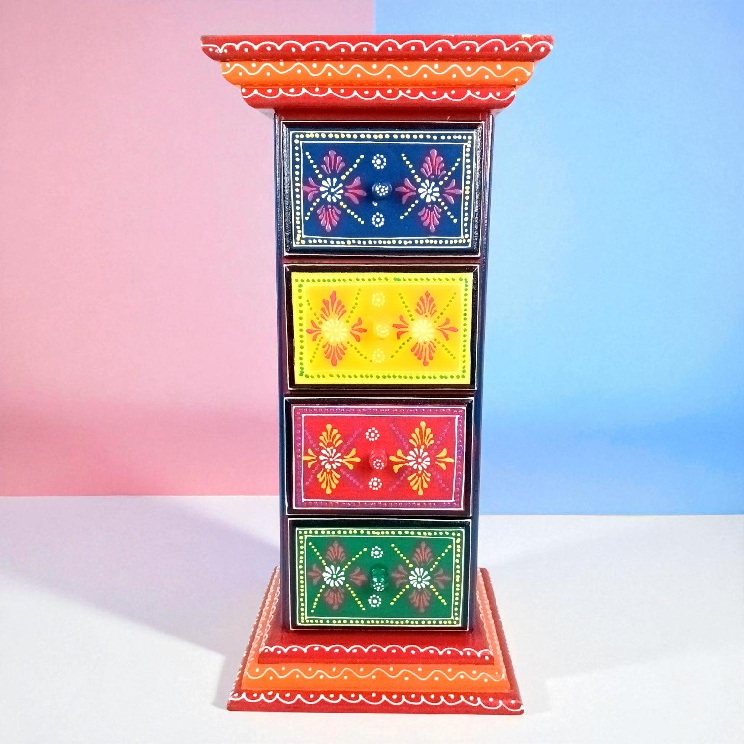 Pillar 4 Drawers Side Table | Traditional Wooden Design Table for Living Room Bedroom & Office | Decorative Table| Decorative Accent Furniture & Showpiece Stand - 23 Inch - Apkamart