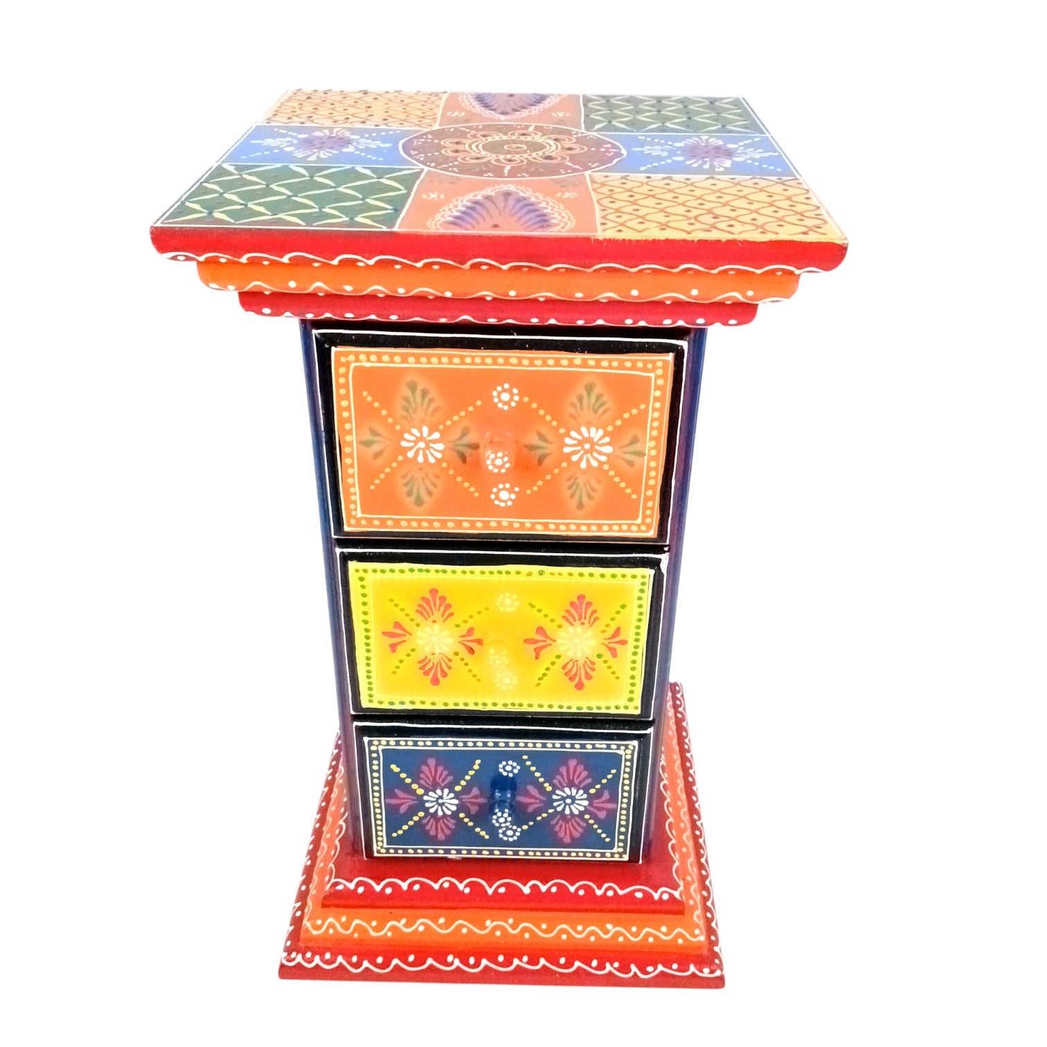 Pillar 3 Drawers Side Table | Traditional Wooden Design Table for Living Room, Bedroom & Office | Home Decor | Decorative Accent Furniture & Showpiece Stand - 18 Inch - Apkamart
