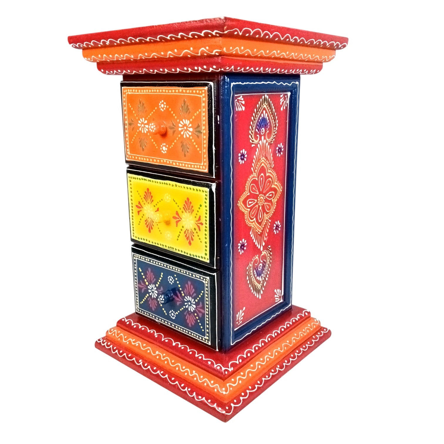 Pillar 3 Drawers Side Table | Traditional Wooden Design Table for Living Room, Bedroom & Office | Home Decor | Decorative Accent Furniture & Showpiece Stand - 18 Inch - Apkamart